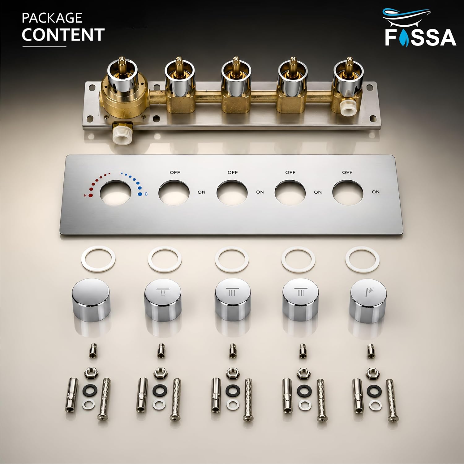 3/4 Inch Florina 4 Way Brass Thermostatic Shower Diverter Set Push Button Silver - Fossa Home 