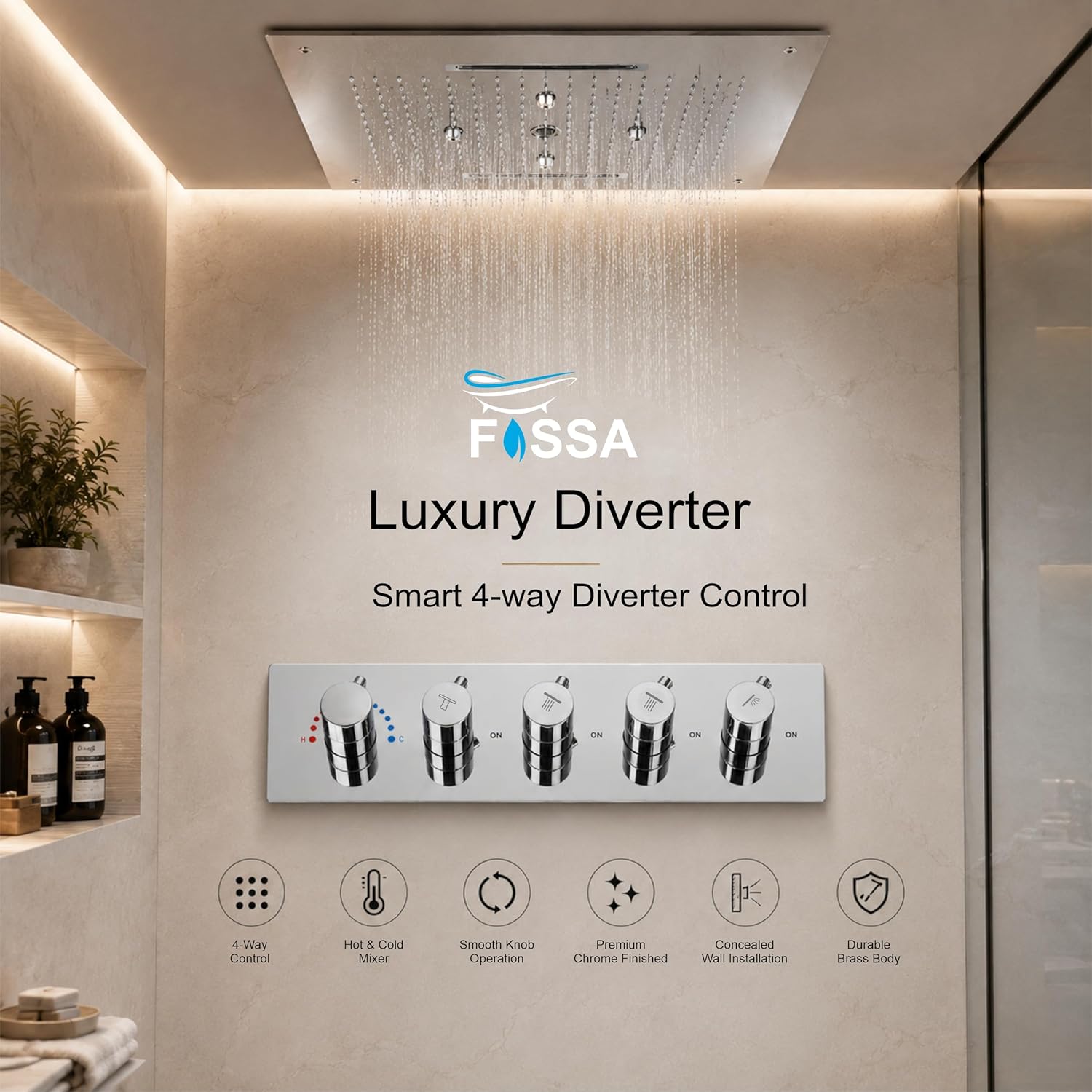 3/4 Inch Florina 4 Way Brass Thermostatic Shower Diverter Set Push Button Silver - Fossa Home 