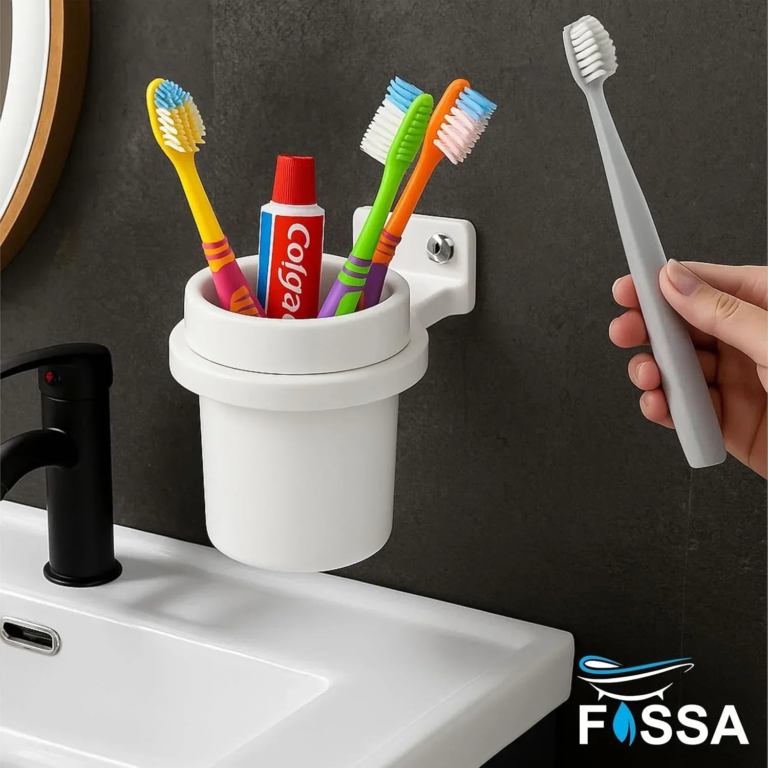 White Brush Holder Unbreakable Abs Round Ceramic Finish (RW-123) - Fossa Home 