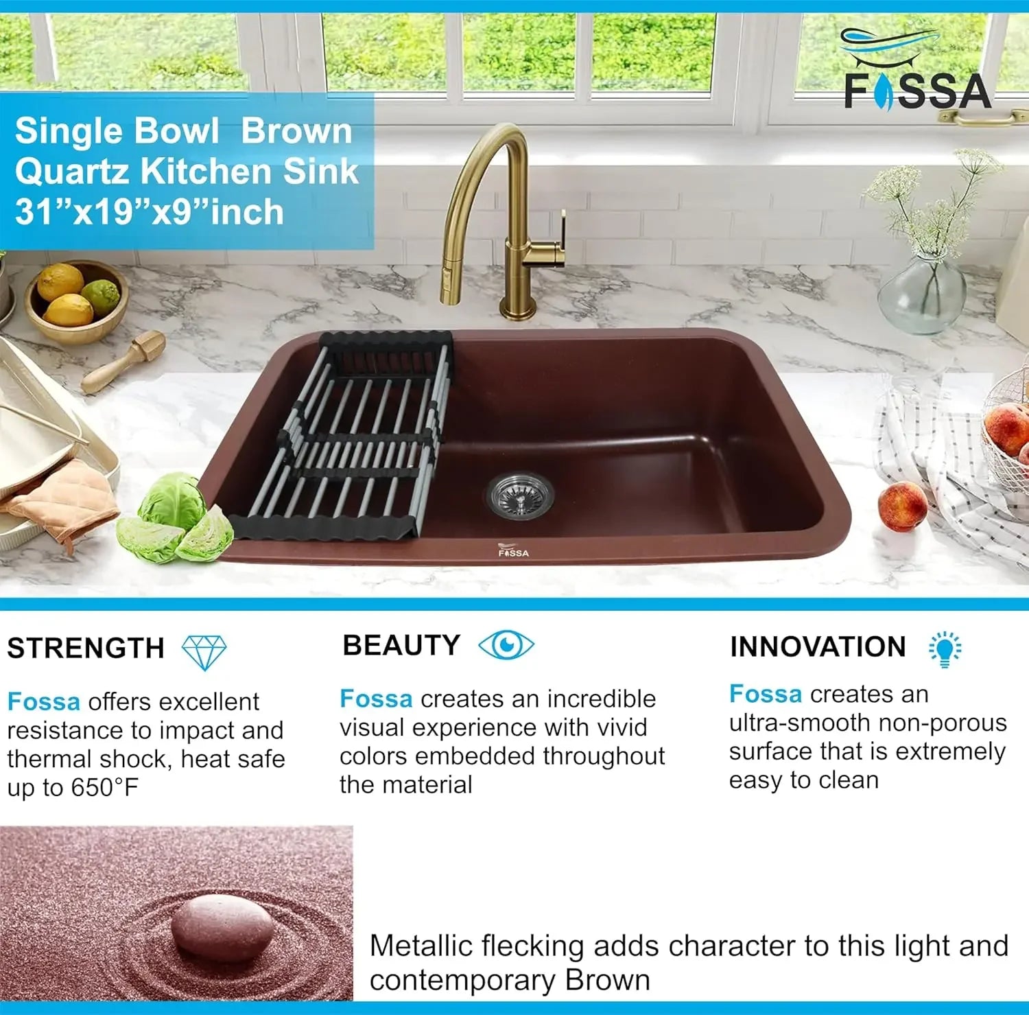Fossa 31"x19"x09" Inch Granite Quartz Kitchen Sink Single Bowl with Basket, Coupling, Waste Pipe Quartz German Engineered Technology Kitchen Sink Easy-to-Clean Sink (Choco Brown) Fossa Home
