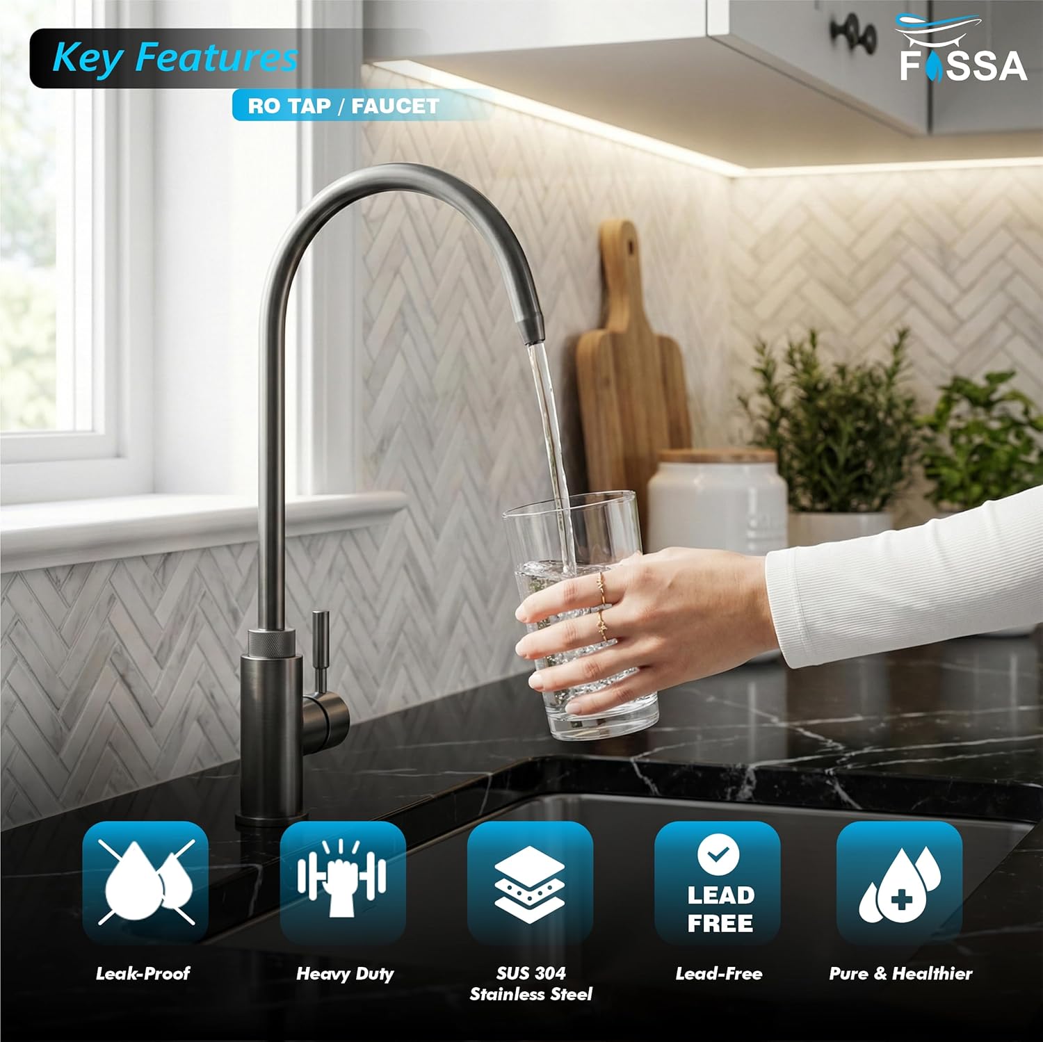 304 stainless steel, lead-free, 360° swivel spout.