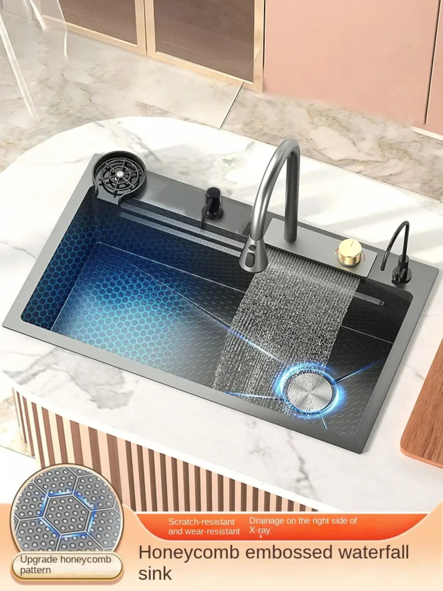 smart waterfall kitchen sink, single bowl, design, integrated tap, modern, stainless steel, led, nano honycomb coated, scratch resistant, stylish, workstation, with faucet, multifunction, deep, dishwashing, luxury, easy to clean, anti-stain, modern home,, remodeling, with water flow feature, space saving, contemporary, large capacity, ergonomic, designer, smooth, features, for modern homes, high utility, trending, best, drainage, noise absorption, matte finish, with strainer and accessories, seamless,