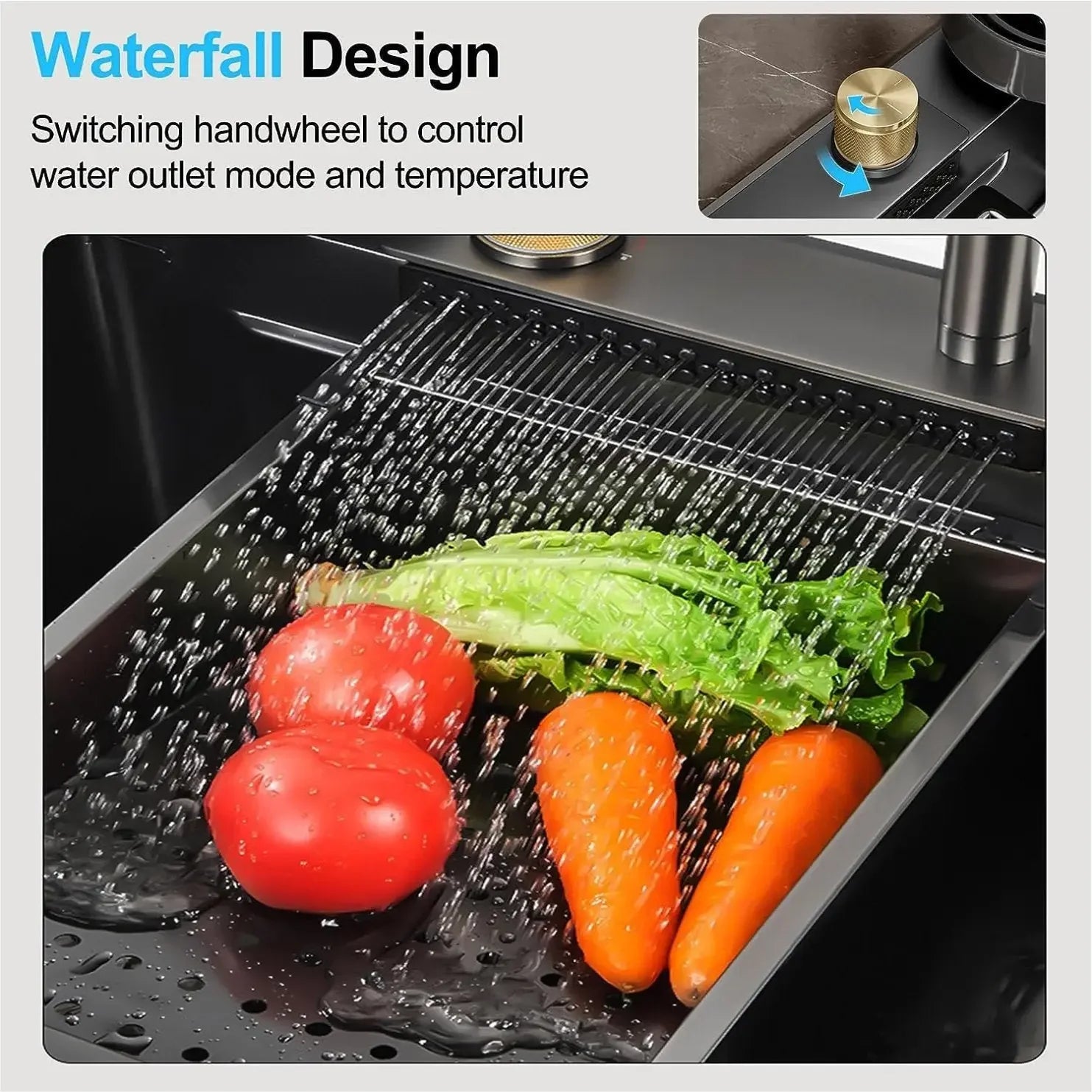 smart waterfall kitchen sink, single bowl, design, integrated tap, modern, stainless steel, led, nano honycomb coated, scratch resistant, stylish, workstation, with faucet, multifunction, deep, dishwashing, luxury, easy to clean, anti-stain, modern home,, remodeling, with water flow feature, space saving, contemporary, large capacity, ergonomic, designer, smooth, features, for modern homes, high utility, trending, best, drainage, noise absorption, matte finish, with strainer and accessories, seamless, 