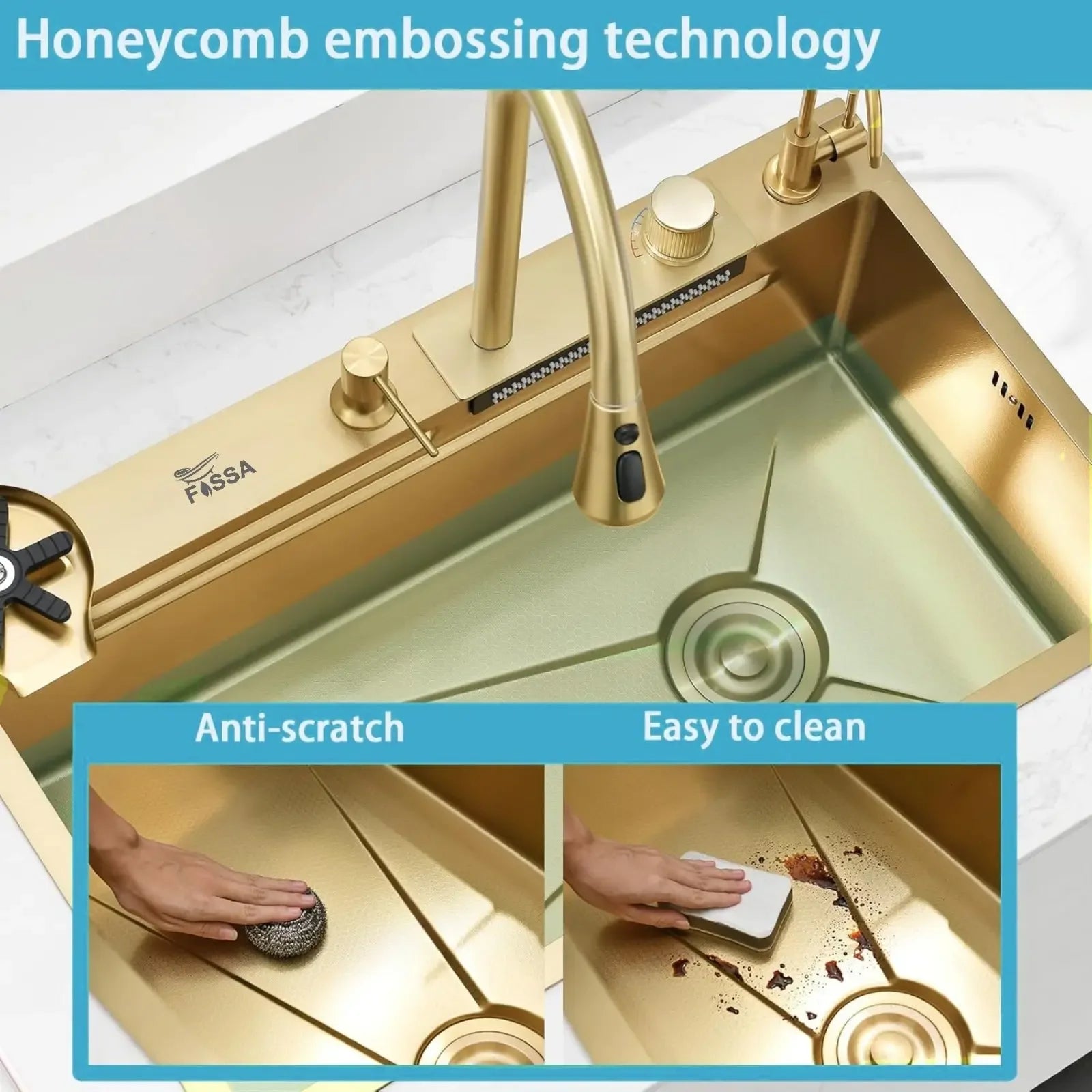 smart waterfall kitchen sink, single bowl, design, integrated tap, modern, stainless steel, led, nano honycomb coated, scratch resistant, stylish, workstation, with faucet, multifunction, deep, dishwashing, luxury, easy to clean, anti-stain, modern home,, remodeling, with water flow feature, space saving, contemporary, large capacity, ergonomic, designer, smooth, features, for modern homes, high utility, trending, best, drainage, noise absorption, matte finish, with strainer and accessories, seamless, 