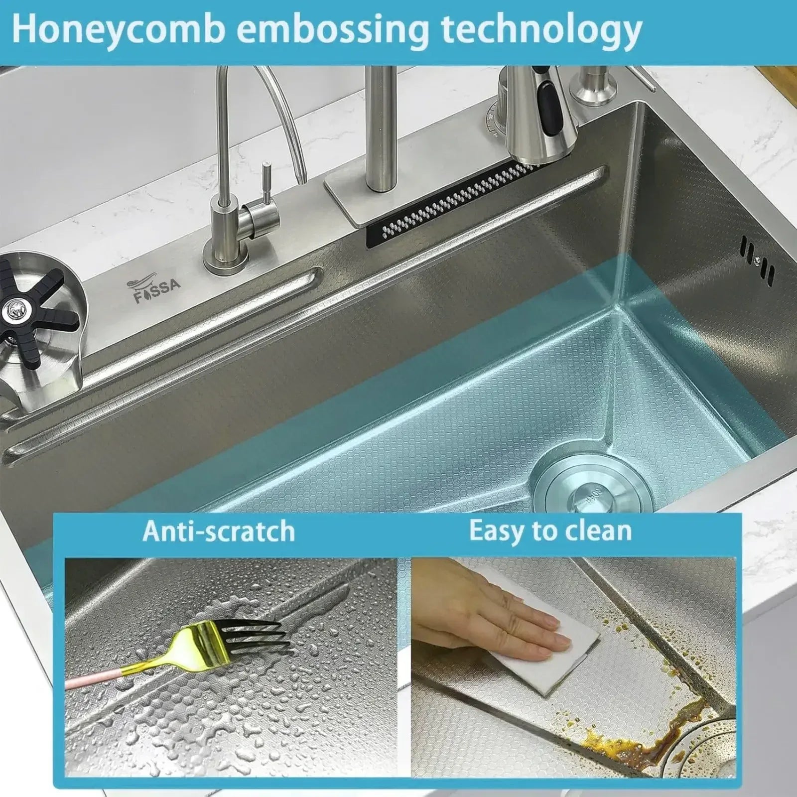 smart waterfall kitchen sink, single bowl, design, integrated tap, modern, stainless steel, led, nano honycomb coated, scratch resistant, stylish, workstation, with faucet, multifunction, deep, dishwashing, luxury, easy to clean, anti-stain, modern home,, remodeling, with water flow feature, space saving, contemporary, large capacity, ergonomic, designer, smooth, features, for modern homes, high utility, trending, best, drainage, noise absorption, matte finish, with strainer and accessories, seamless, 