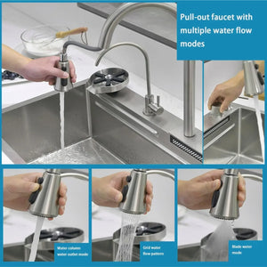 smart waterfall kitchen sink, single bowl, design, integrated tap, modern, stainless steel, led, nano honycomb coated, scratch resistant, stylish, workstation, with faucet, multifunction, deep, dishwashing, luxury, easy to clean, anti-stain, modern home,, remodeling, with water flow feature, space saving, contemporary, large capacity, ergonomic, designer, smooth, features, for modern homes, high utility, trending, best, drainage, noise absorption, matte finish, with strainer and accessories, seamless, 