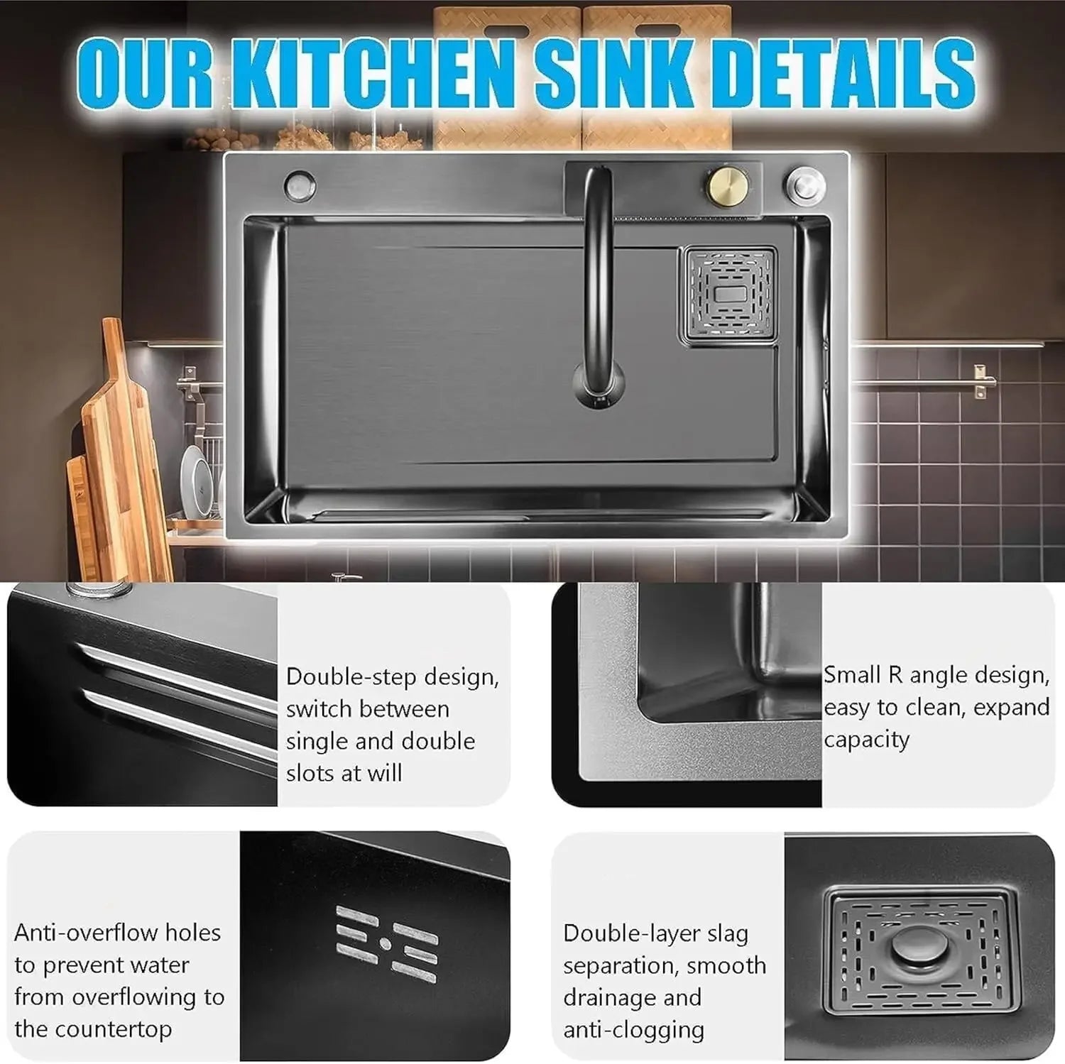 smart waterfall kitchen sink, single bowl, design, integrated tap, modern, stainless steel, led, nano honycomb coated, scratch resistant, stylish, workstation, with faucet, multifunction, deep, dishwashing, luxury, easy to clean, anti-stain, modern home,, remodeling, with water flow feature, space saving, contemporary, large capacity, ergonomic, designer, smooth, features, for modern homes, high utility, trending, best, drainage, noise absorption, matte finish, with strainer and accessories, seamless, 