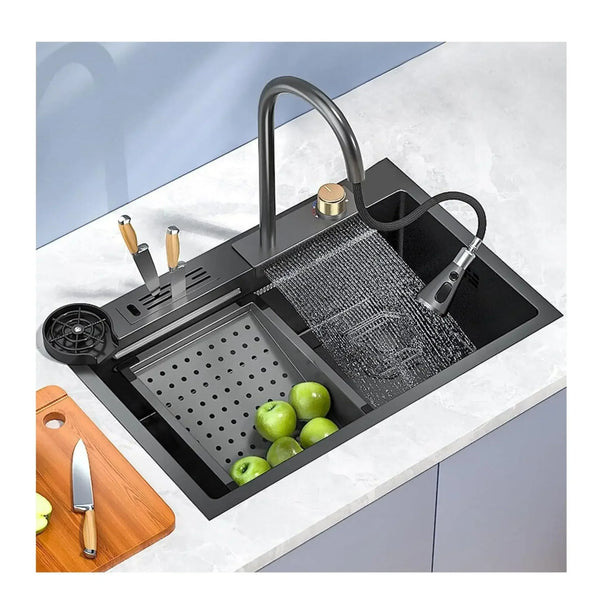 Smart Waterfall (30 x18 x 10) Inch Premium Stainless Steel Kitchen Sink Black - Fossa Home 
