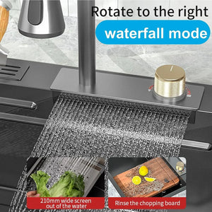 smart waterfall kitchen sink, single bowl, design, integrated tap, modern, stainless steel, led, nano honycomb coated, scratch resistant, stylish, workstation, with faucet, multifunction, deep, dishwashing, luxury, easy to clean, anti-stain, modern home,, remodeling, with water flow feature, space saving, contemporary, large capacity, ergonomic, designer, smooth, features, for modern homes, high utility, trending, best, drainage, noise absorption, matte finish, with strainer and accessories, seamless, 