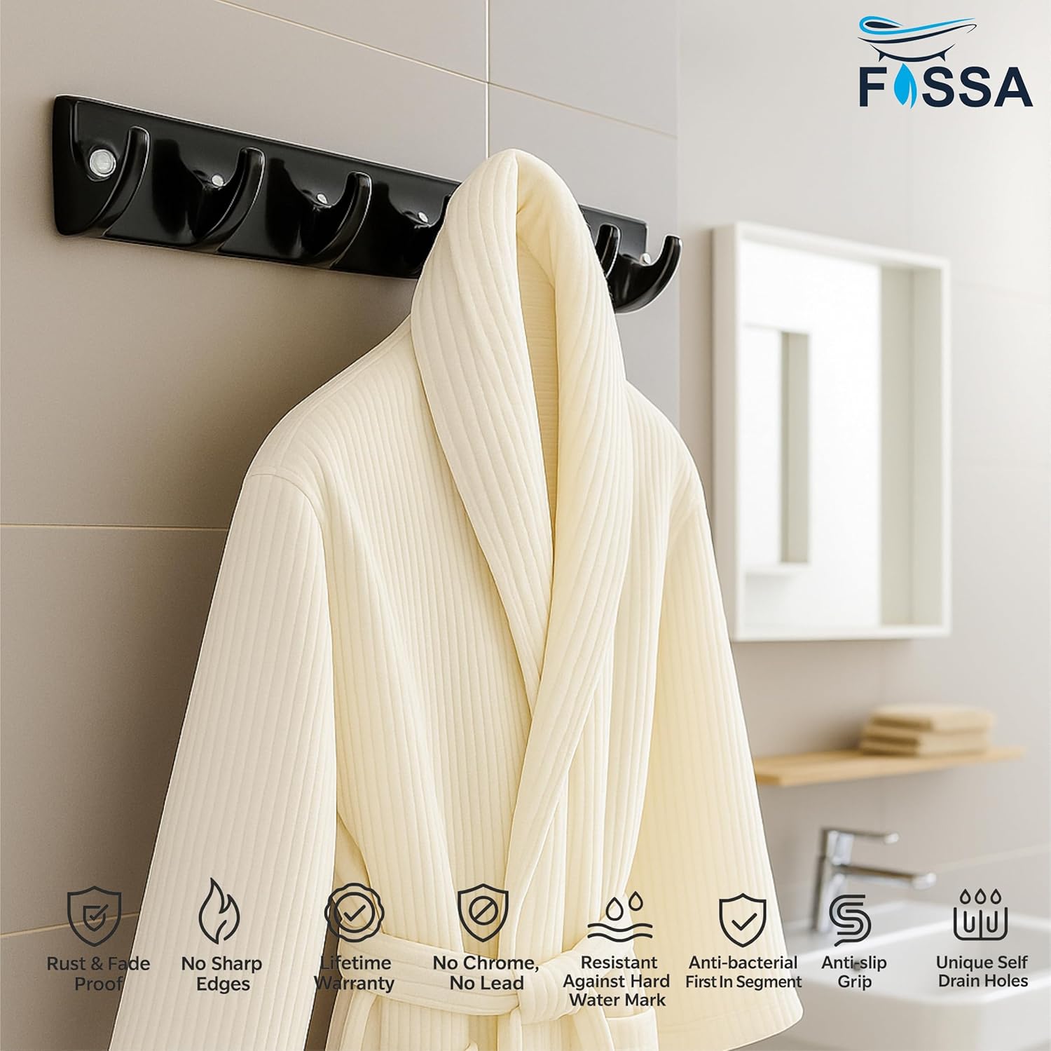 FOSSA Classy Ceramic Cloth Hanger – Stylish Wall Mounted Hook Rack with 6 Curved Hooks for Bathroom & Living Spaces Black (Glossy Finish) - Fossa Home 