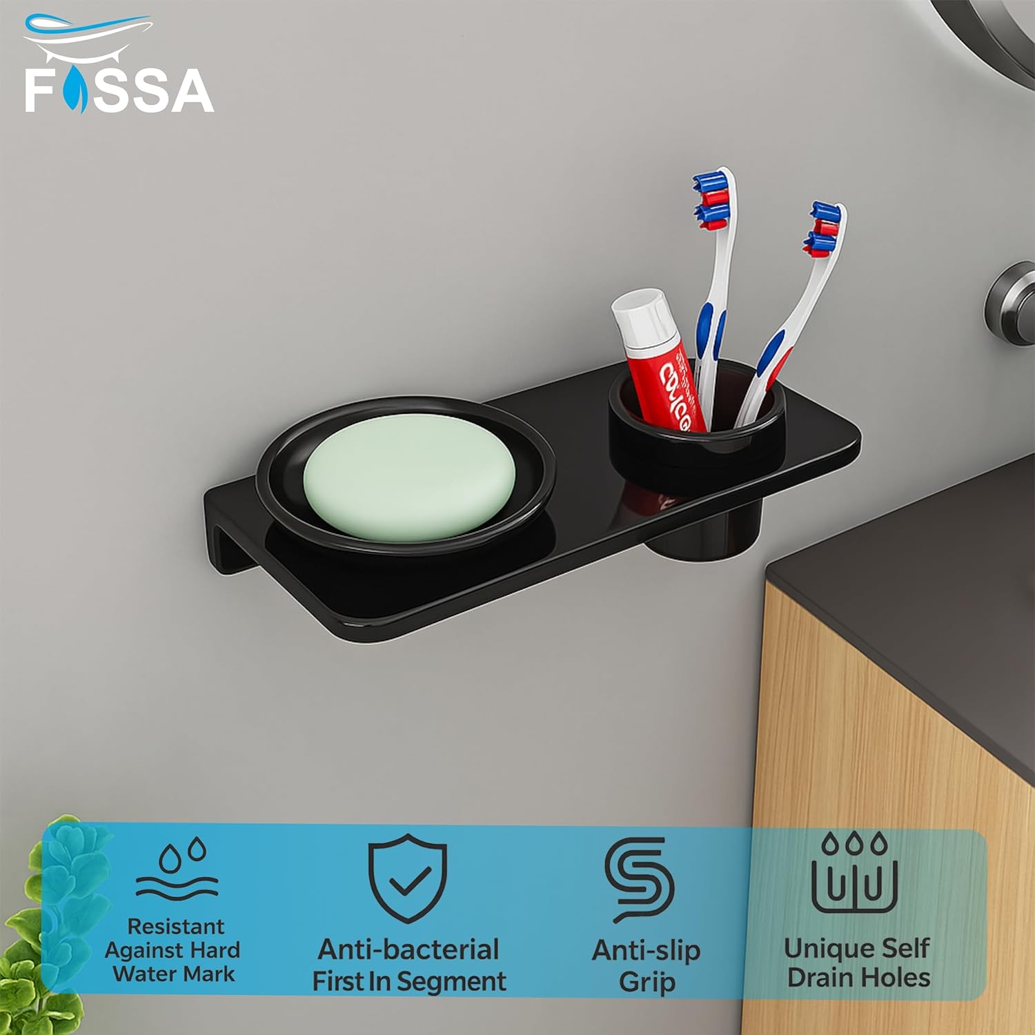 Fossa Classic Ceramic Wall Mounted Soap Dish with Toothbrush Holder – Compact Bathroom, Anti-Bacterial, Rust & Fade Resistant | Modern Soap Holder for Daily Use | Black (Glossy Finish) - Fossa Home 