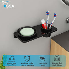 Fossa Classic Ceramic Wall Mounted Soap Dish with Toothbrush Holder – Compact Bathroom, Anti-Bacterial, Rust & Fade Resistant | Modern Soap Holder for Daily Use | Black (Glossy Finish) - Fossa Home 