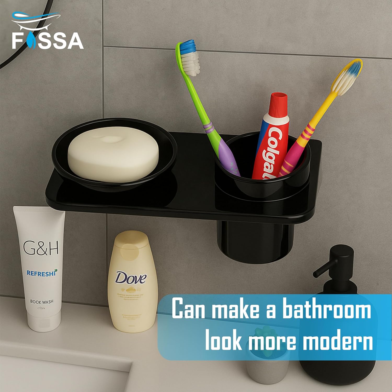Fossa Classic Ceramic Wall Mounted Soap Dish with Toothbrush Holder – Compact Bathroom, Anti-Bacterial, Rust & Fade Resistant | Modern Soap Holder for Daily Use | Black (Glossy Finish) - Fossa Home 