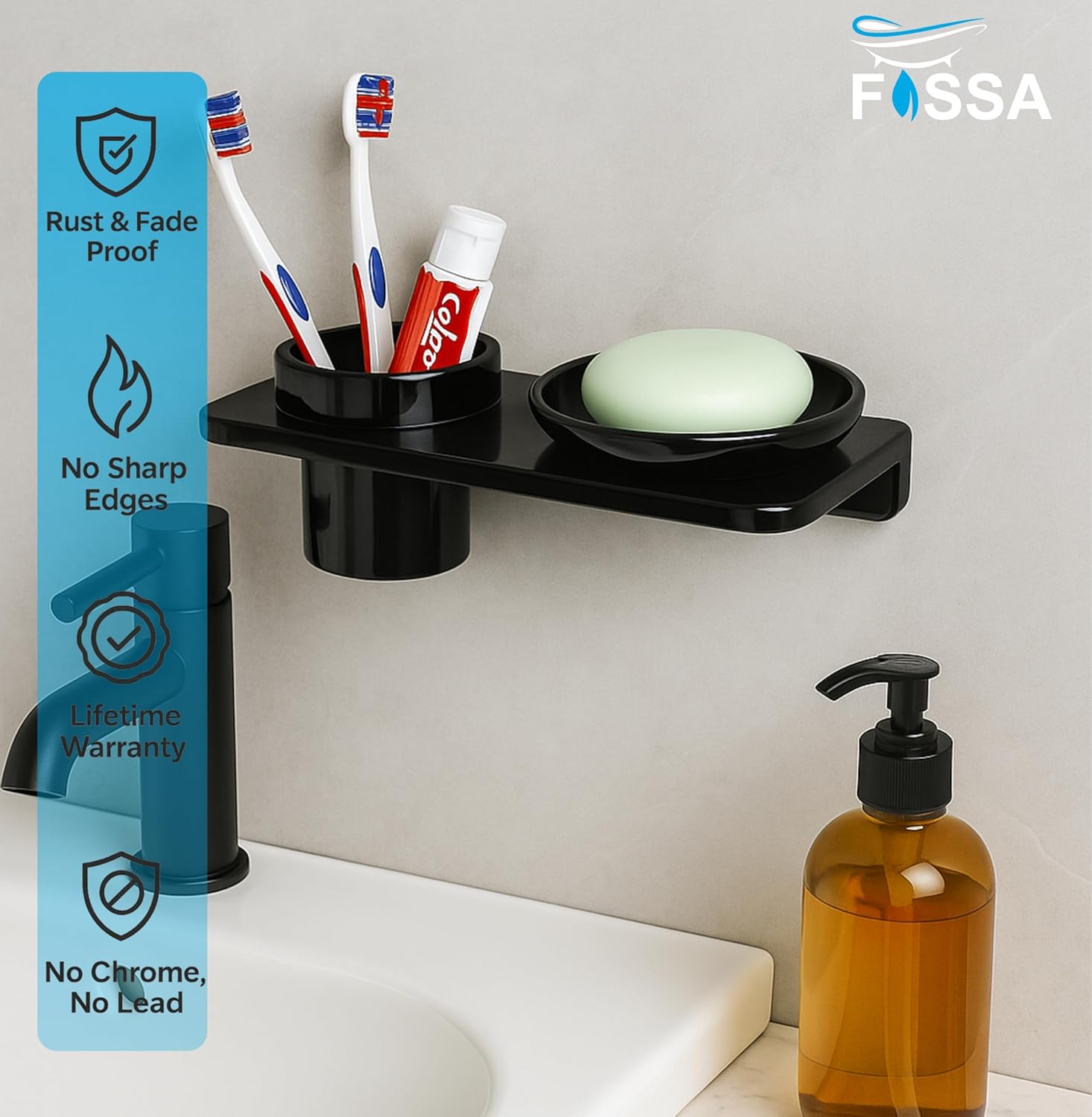 Fossa Classic Ceramic Wall Mounted Soap Dish with Toothbrush Holder – Compact Bathroom, Anti-Bacterial, Rust & Fade Resistant | Modern Soap Holder for Daily Use | Black (Glossy Finish) - Fossa Home 
