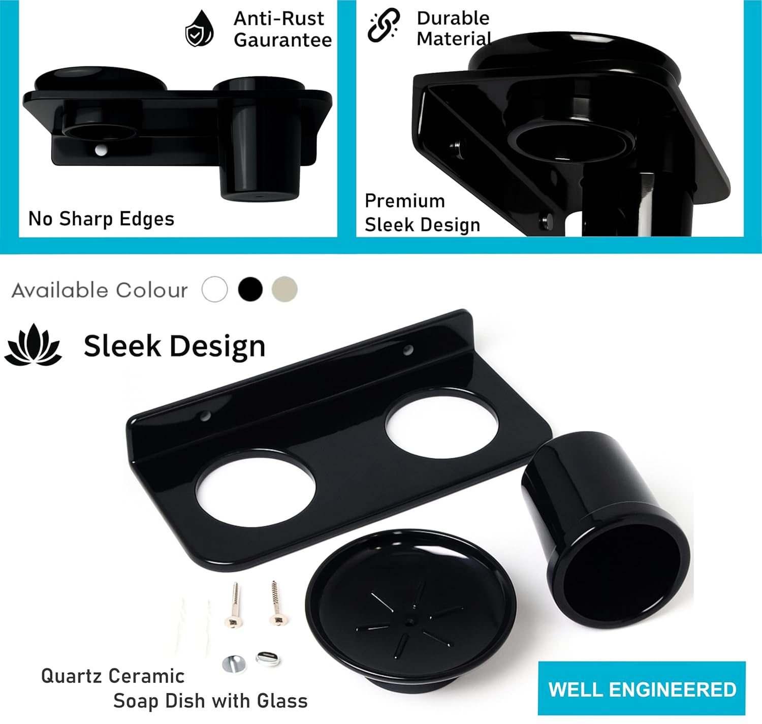 Fossa Classic Ceramic Wall Mounted Soap Dish with Toothbrush Holder – Compact Bathroom, Anti-Bacterial, Rust & Fade Resistant | Modern Soap Holder for Daily Use | Black (Glossy Finish) - Fossa Home 