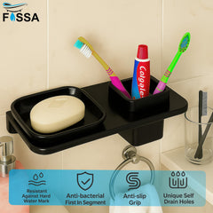 Fossa Classic Ceramic Wall Mounted Square Soap Dish with Toothbrush Holder – Unbreakable Design, Hygienic Surface, Rust & Fade Proof, Self-Drain Tray | Stylish Bathroom Organizer | Black (Glossy Finish) - Fossa Home 