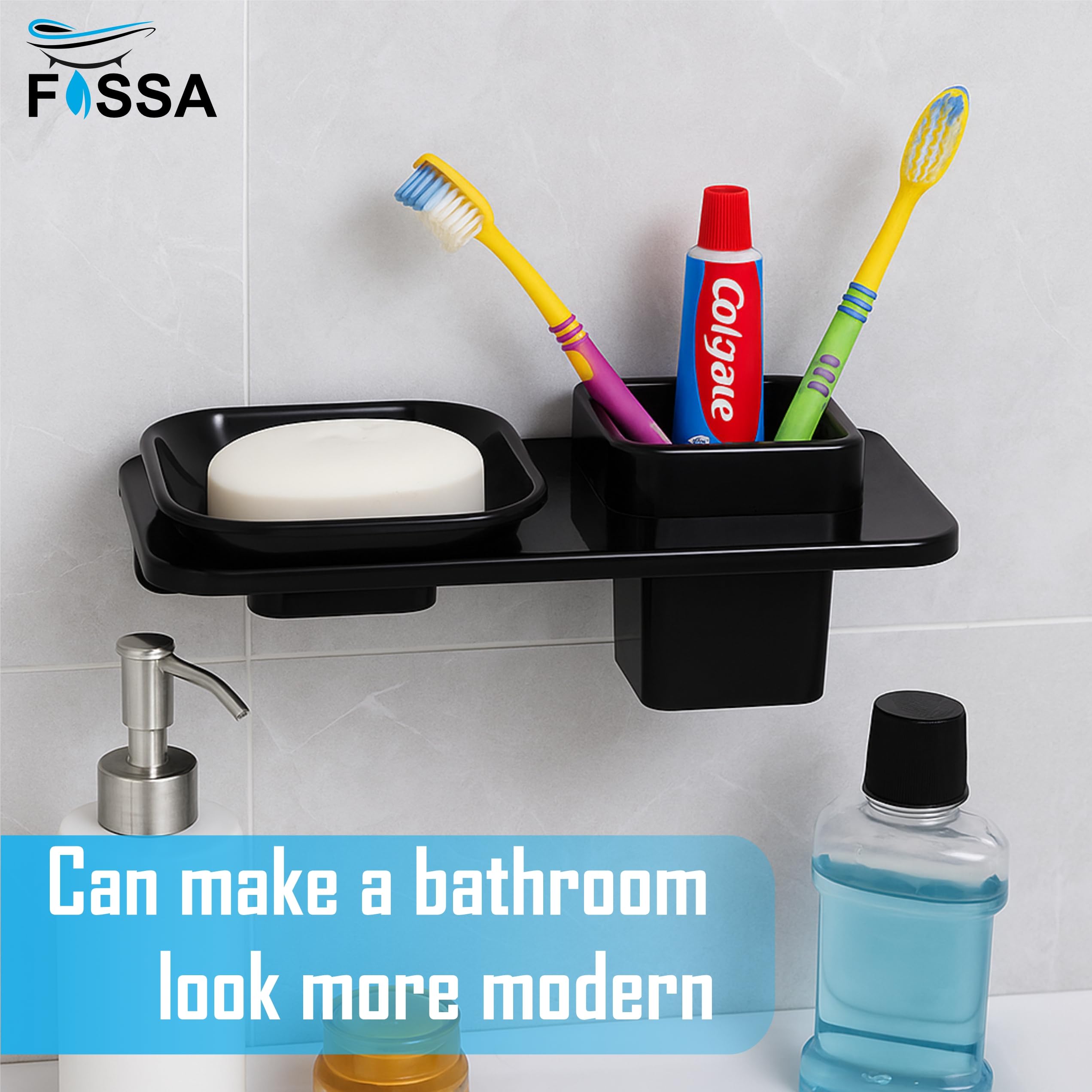 Fossa Classic Ceramic Wall Mounted Square Soap Dish with Toothbrush Holder – Unbreakable Design, Hygienic Surface, Rust & Fade Proof, Self-Drain Tray | Stylish Bathroom Organizer | Black (Glossy Finish) - Fossa Home 