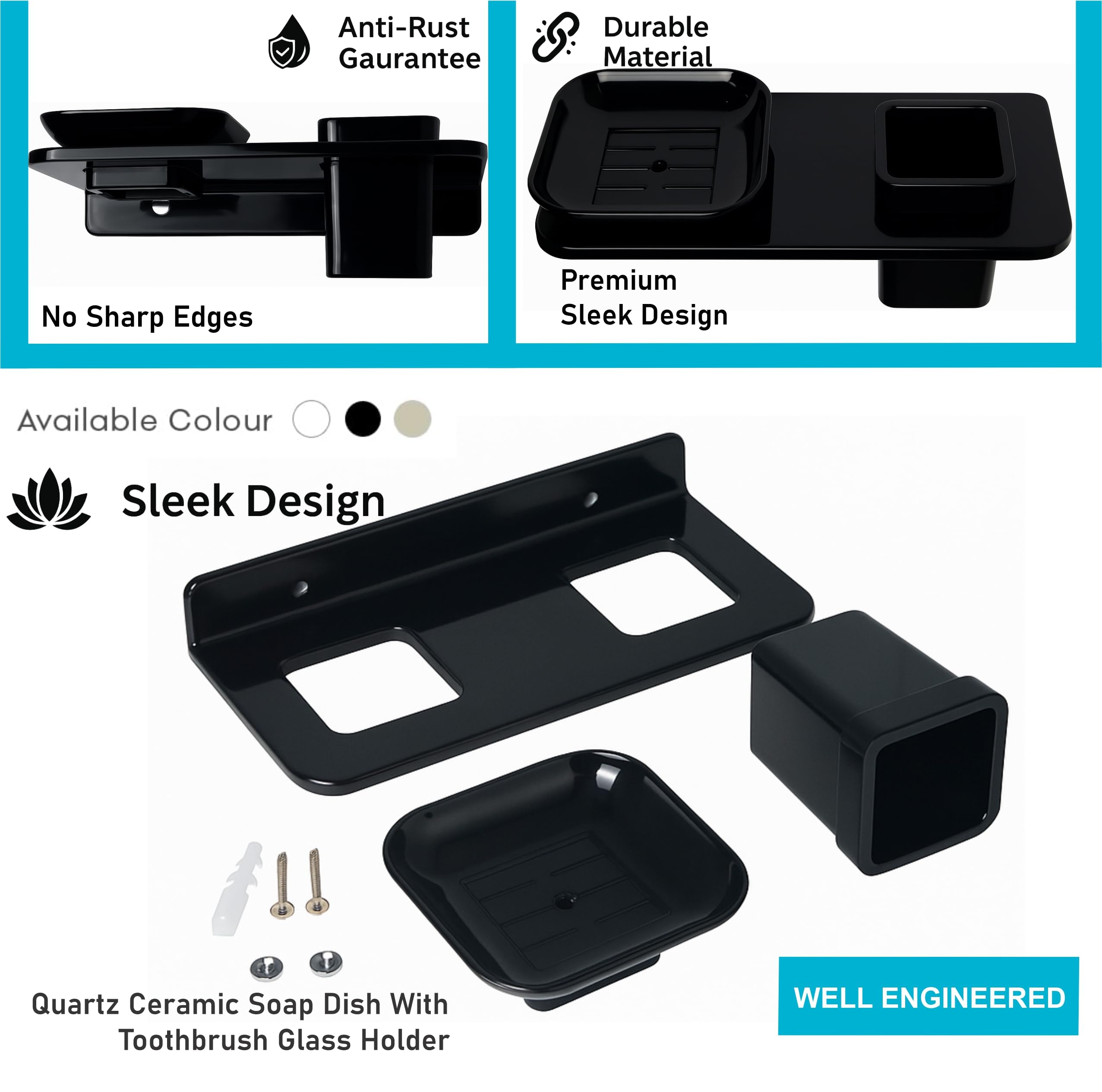 Fossa Classic Ceramic Wall Mounted Square Soap Dish with Toothbrush Holder – Unbreakable Design, Hygienic Surface, Rust & Fade Proof, Self-Drain Tray | Stylish Bathroom Organizer | Black (Glossy Finish) - Fossa Home 