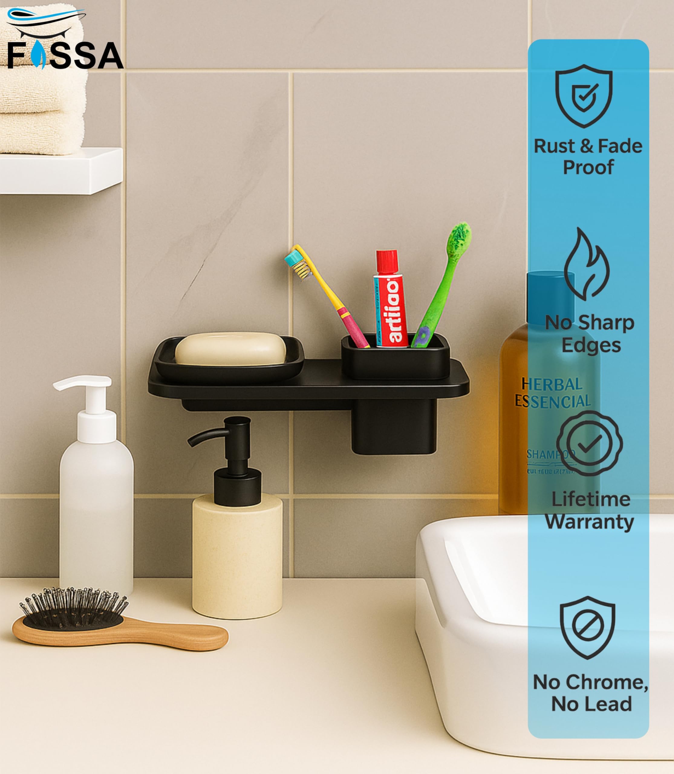 Fossa Classic Ceramic Wall Mounted Square Soap Dish with Toothbrush Holder – Unbreakable Design, Hygienic Surface, Rust & Fade Proof, Self-Drain Tray | Stylish Bathroom Organizer | Black (Glossy Finish) - Fossa Home 