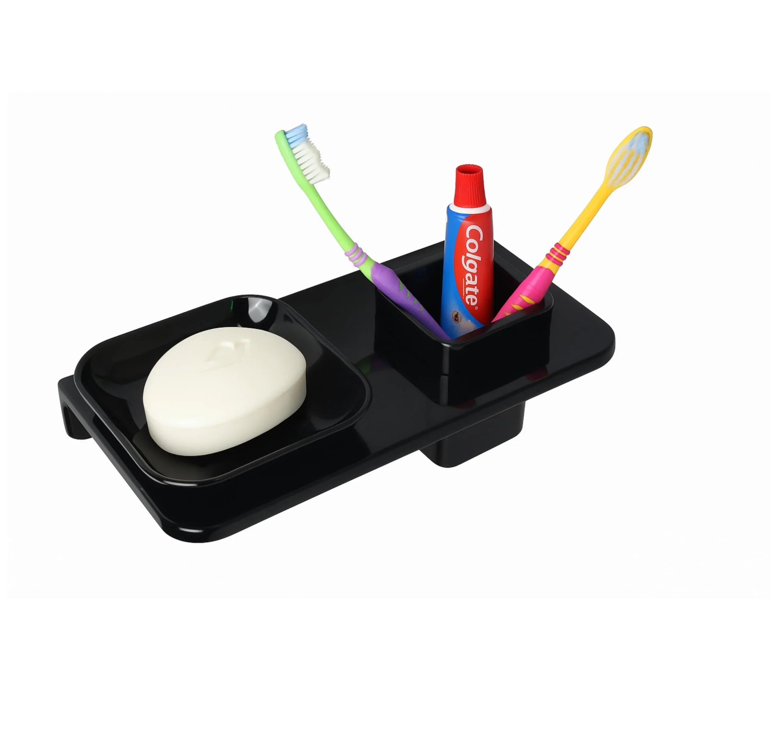 Fossa Classic Ceramic Wall Mounted Square Soap Dish with Toothbrush Holder – Unbreakable Design, Hygienic Surface, Rust & Fade Proof, Self-Drain Tray | Stylish Bathroom Organizer | Black (Glossy Finish) - Fossa Home 