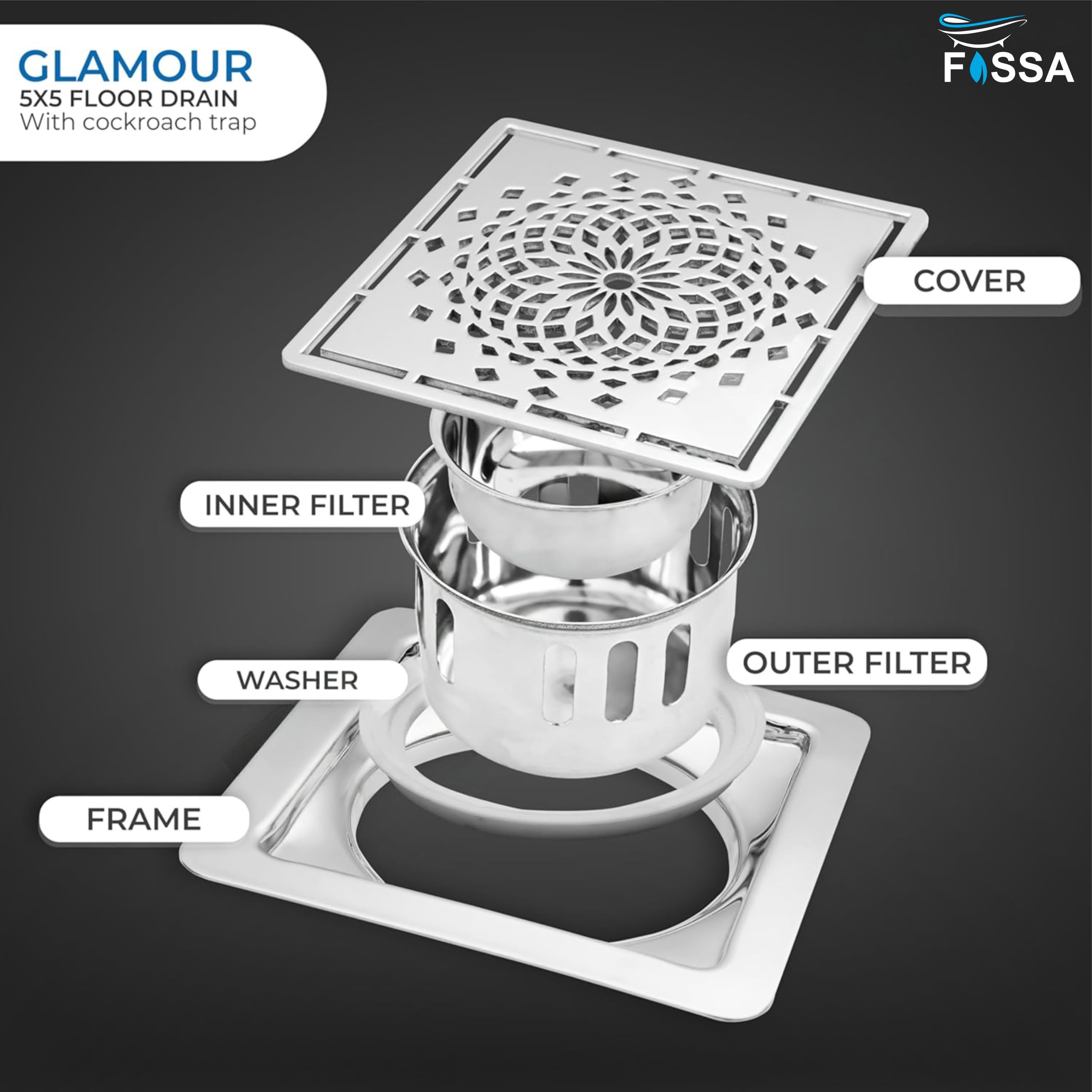 Modern Bathroom Floor Drain with Removable Stainless Steel Cover