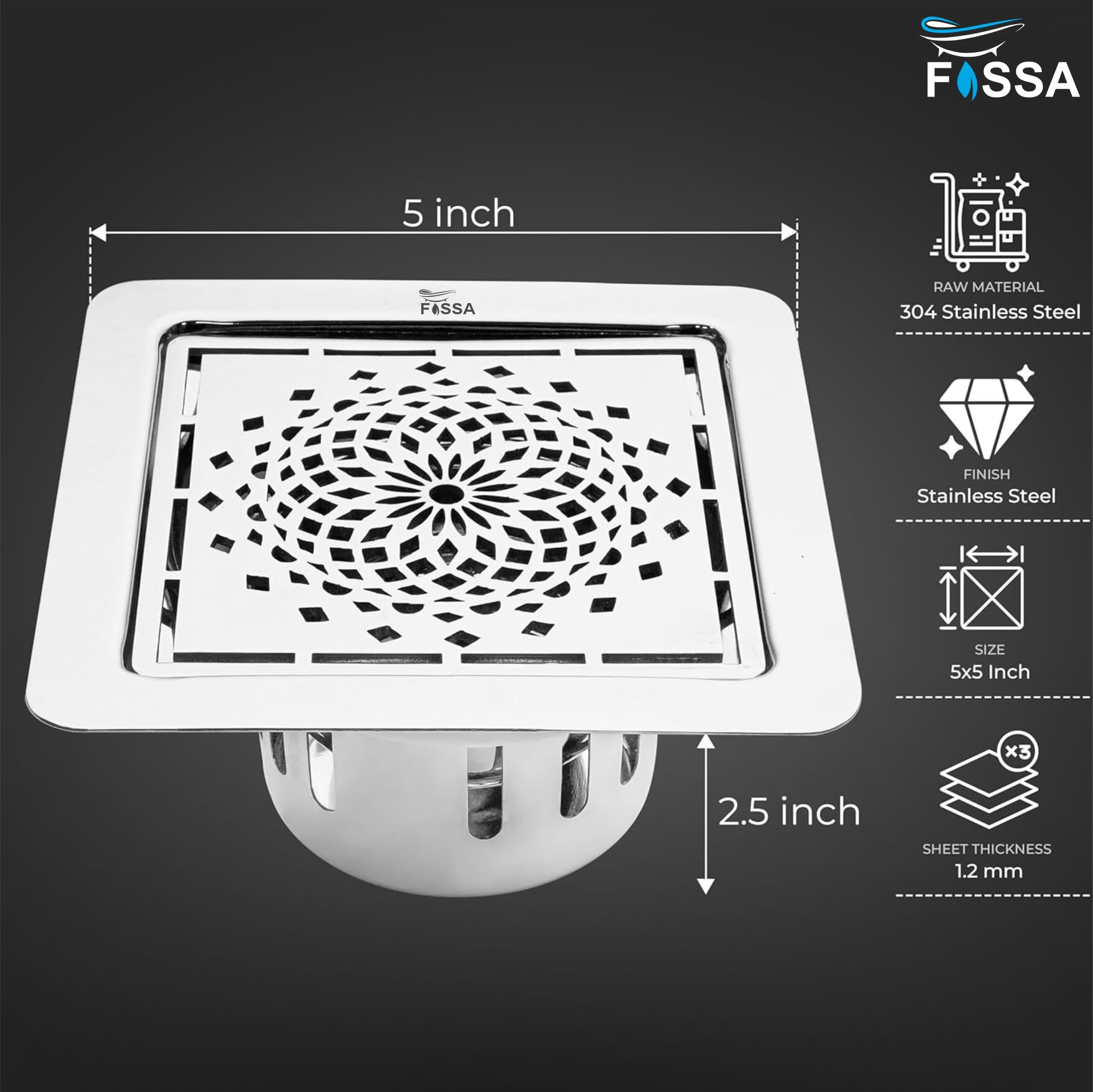 Glamour Floor Drain (5 x 5 Inches) 304 Stainlees Steel