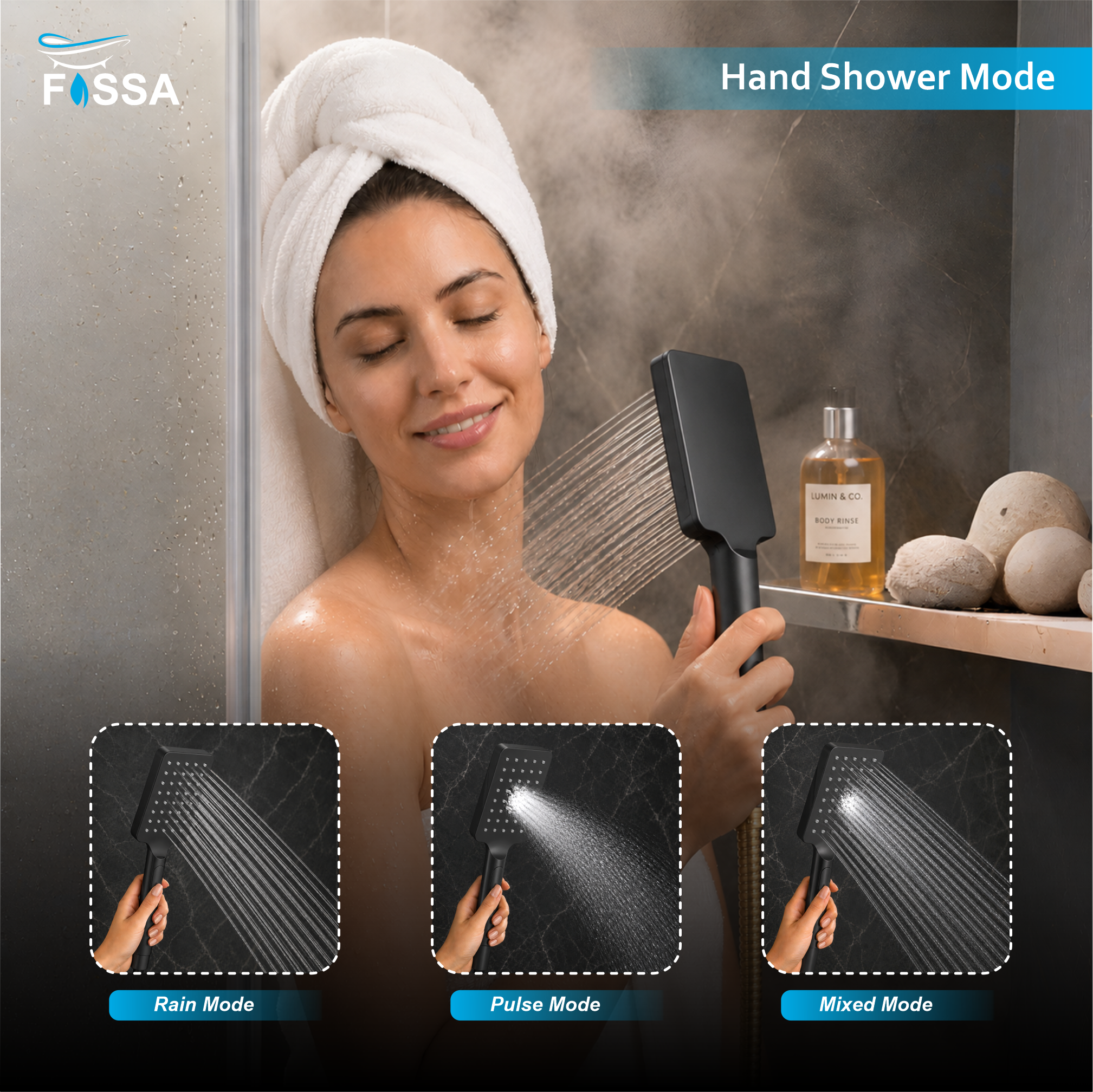 Fossa Aspire Shower Black Gold Wall Mounted 4-Function Brass - Fossa Home 