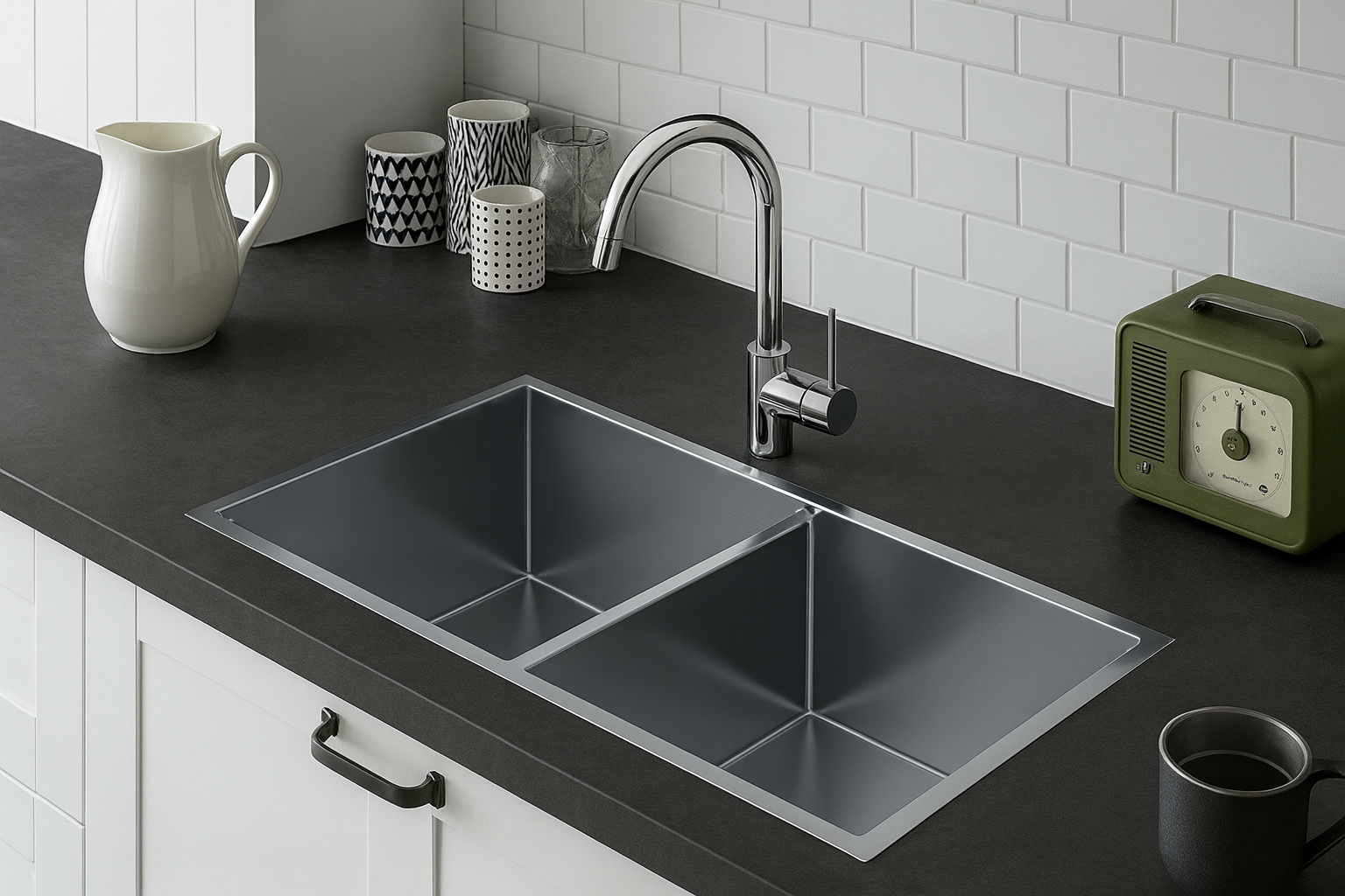 Handmade double bowl stainless steel kitchen sink with modern design