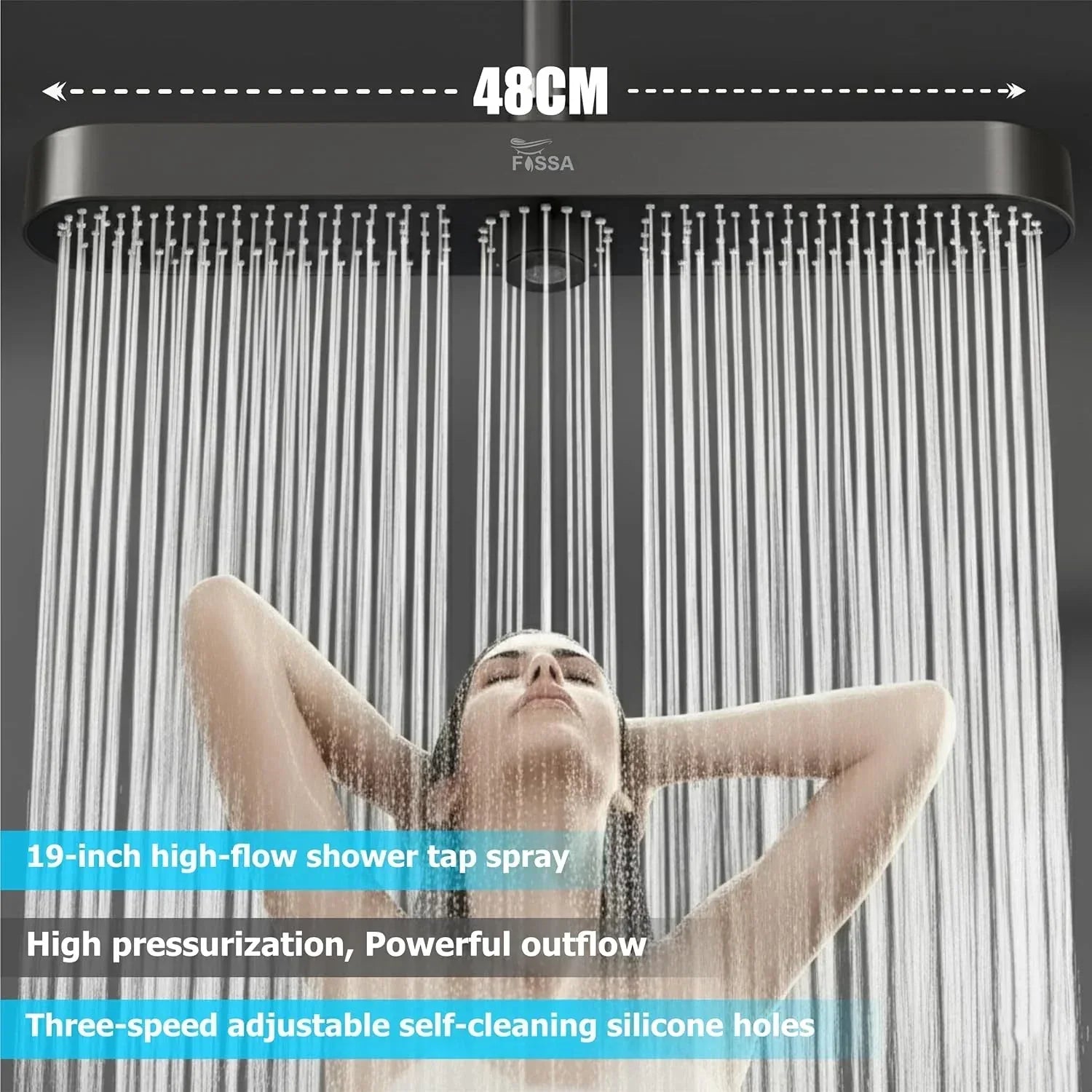 Helios 48cm ABS Black Finish Overhead Shower Without Arm - Fossa Home 