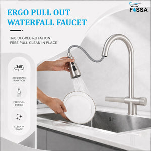 Ergo Waterfall Dual-Flow 360° Hot & Cold 304 Stainless Steel Kitchen Mixer Faucet Silver - Fossa Home 