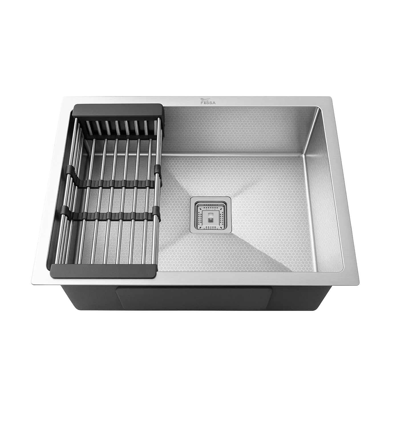 modern kitchen interior with honeycomb embossed single bowl silver kitchen sink installed