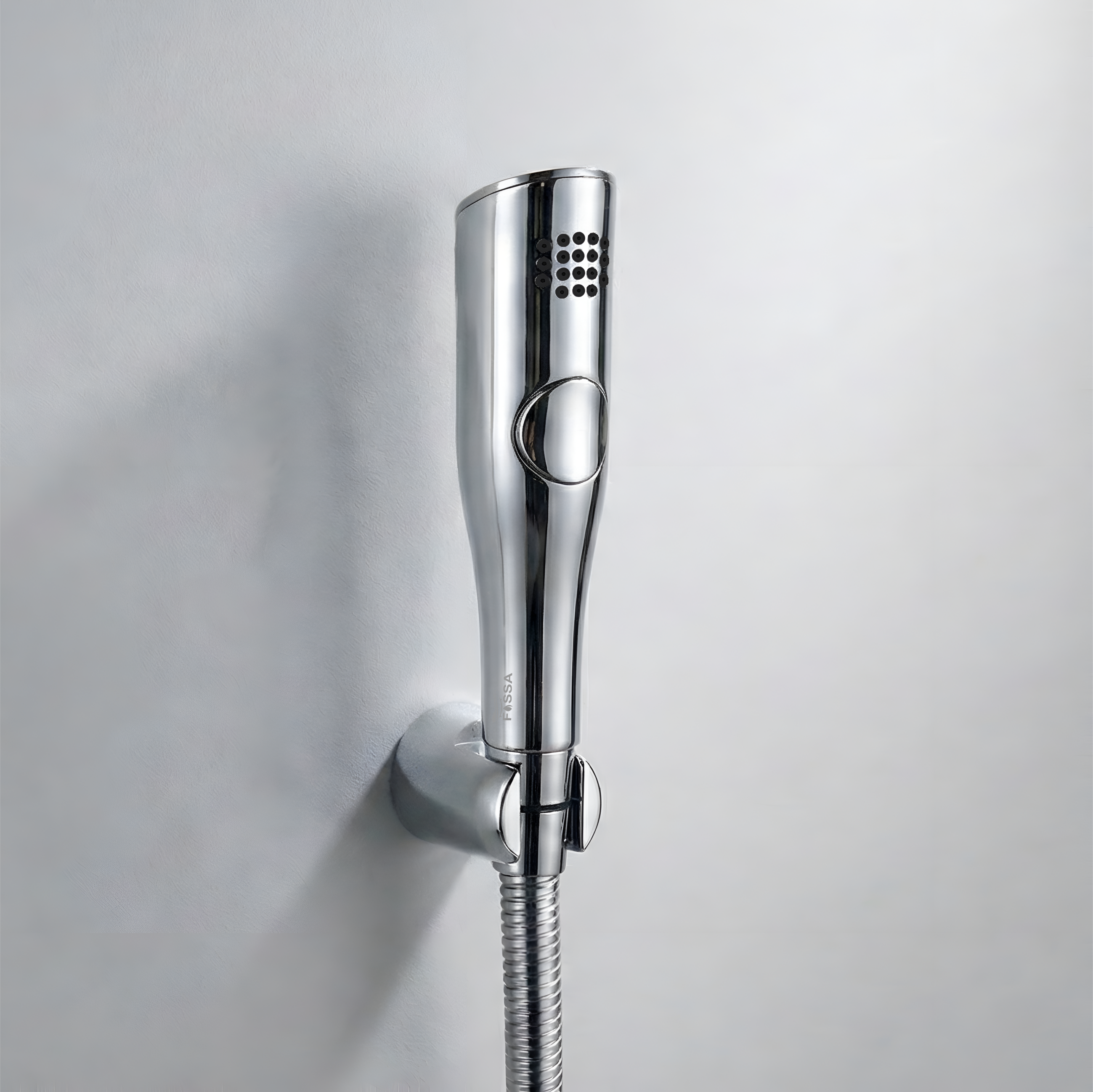 Chrome shower head with hose on a light gray background