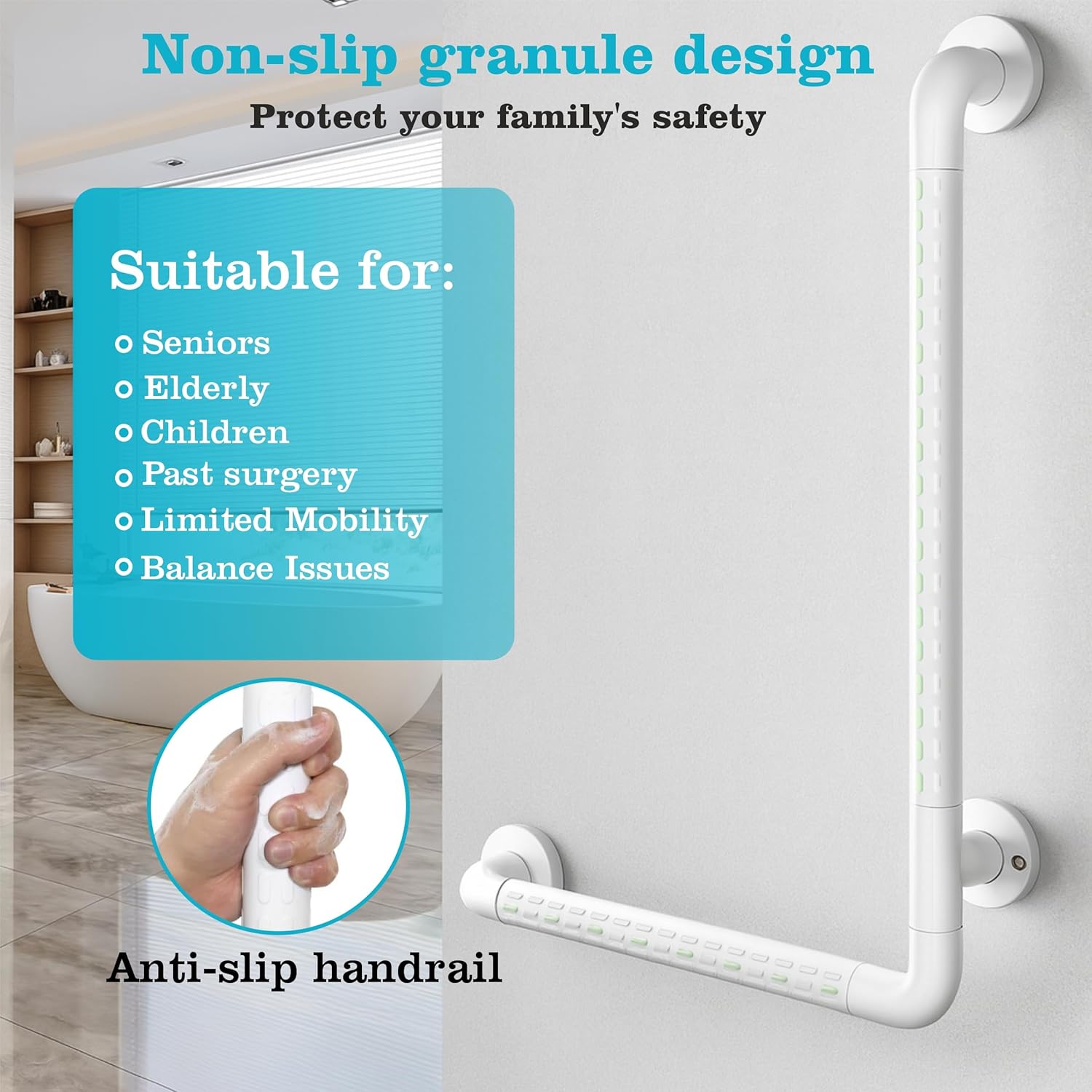 Fossa L-Shaped Stainless Steel 90° Anti-Slip Nylon Grip Grab Bar – Wall Mounted Safety Bar for Bathroom | Toilet Grab Bar for Elderly & Senior Citizens | White