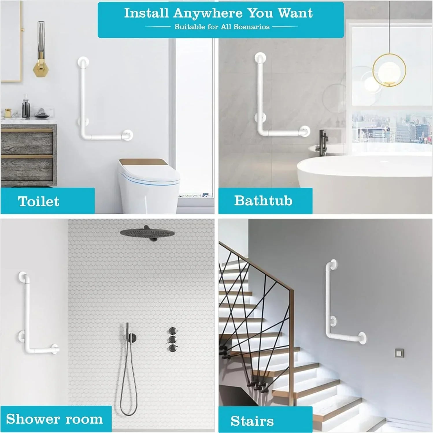 L-Shaped Stainless Steel 90° Anti-Slip Bathroom Grab Bar – White - Fossa Home 