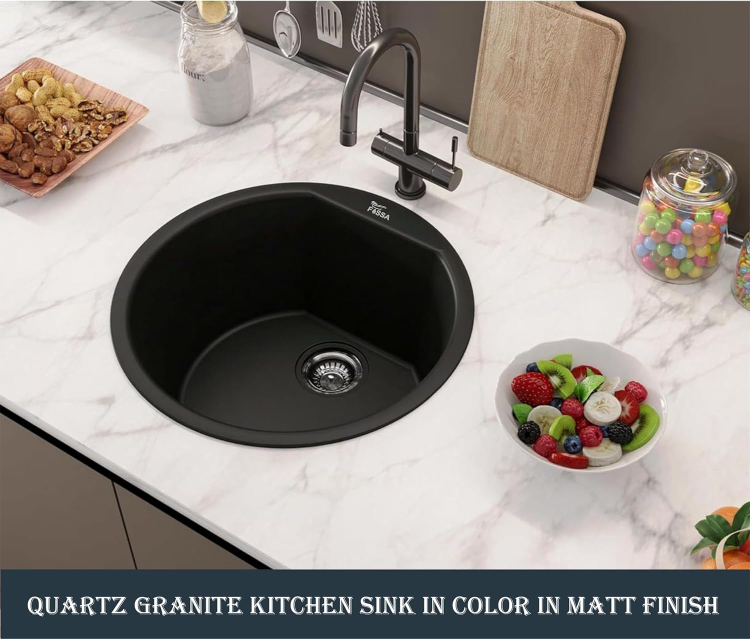 Black quartz kitchen sink round 