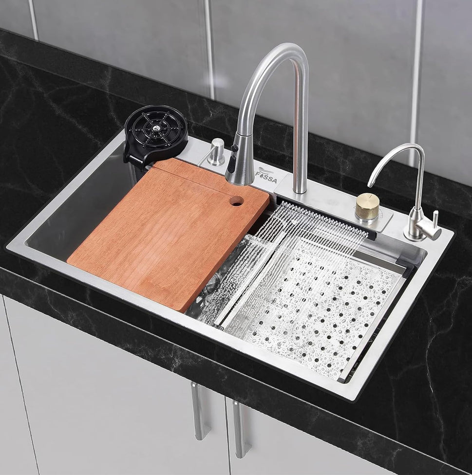 Lifestyle of stainless steel waterfall kitchen sink silver 
