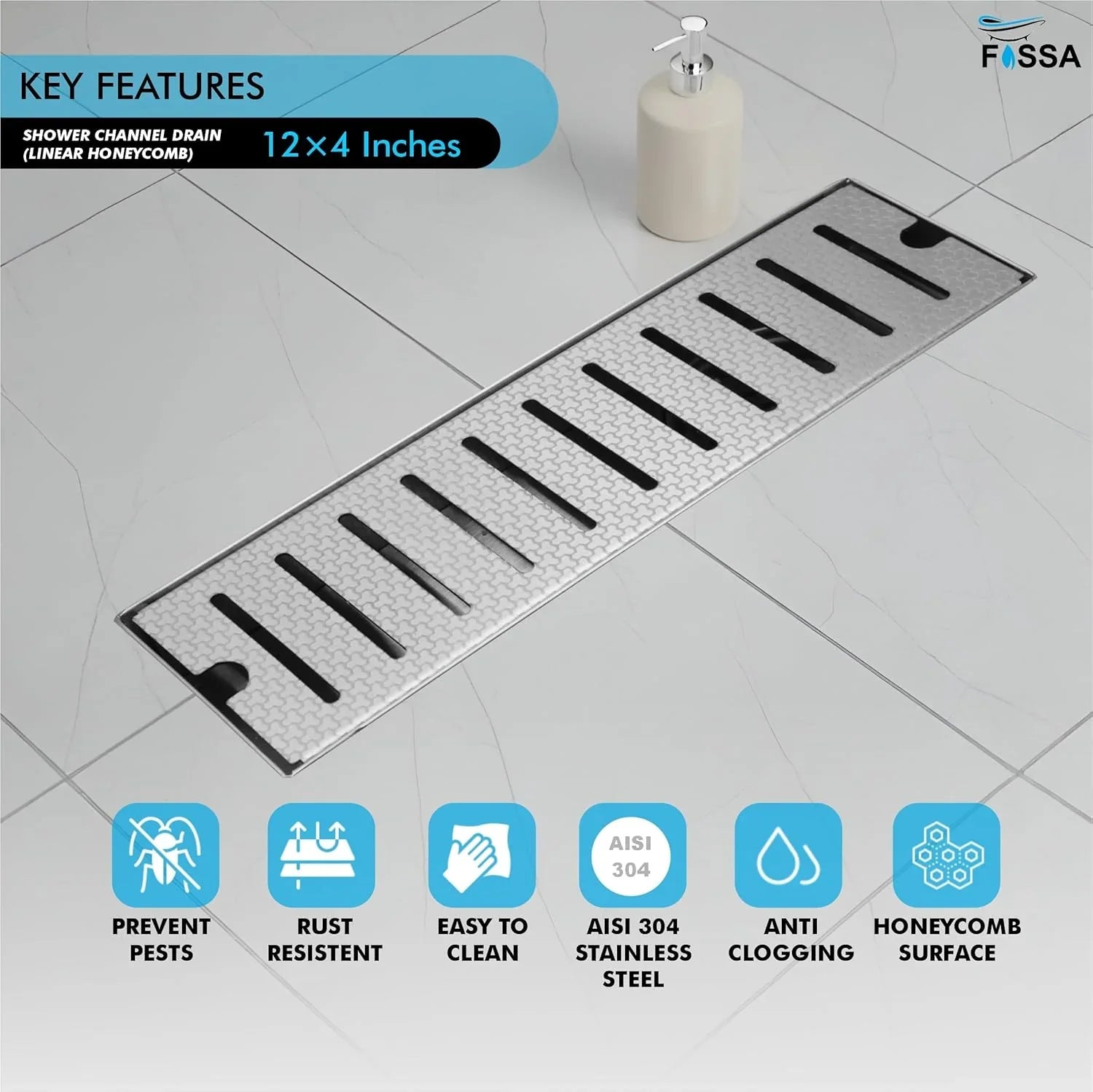 stainless steel linear shower drain channel 12x4 inch honeycomb finish