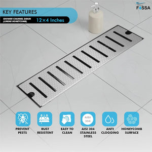 stainless steel linear shower drain channel 12x4 inch honeycomb finish
