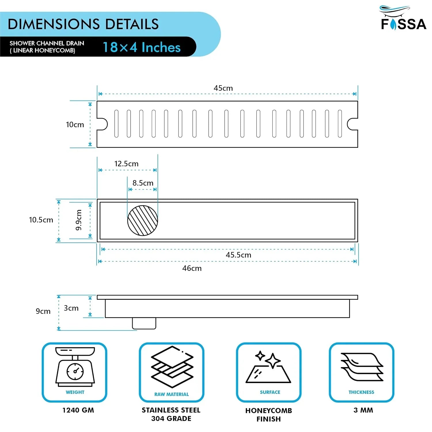 18x4 inch honeycomb pattern linear shower drain aisi 304 stainless steel
