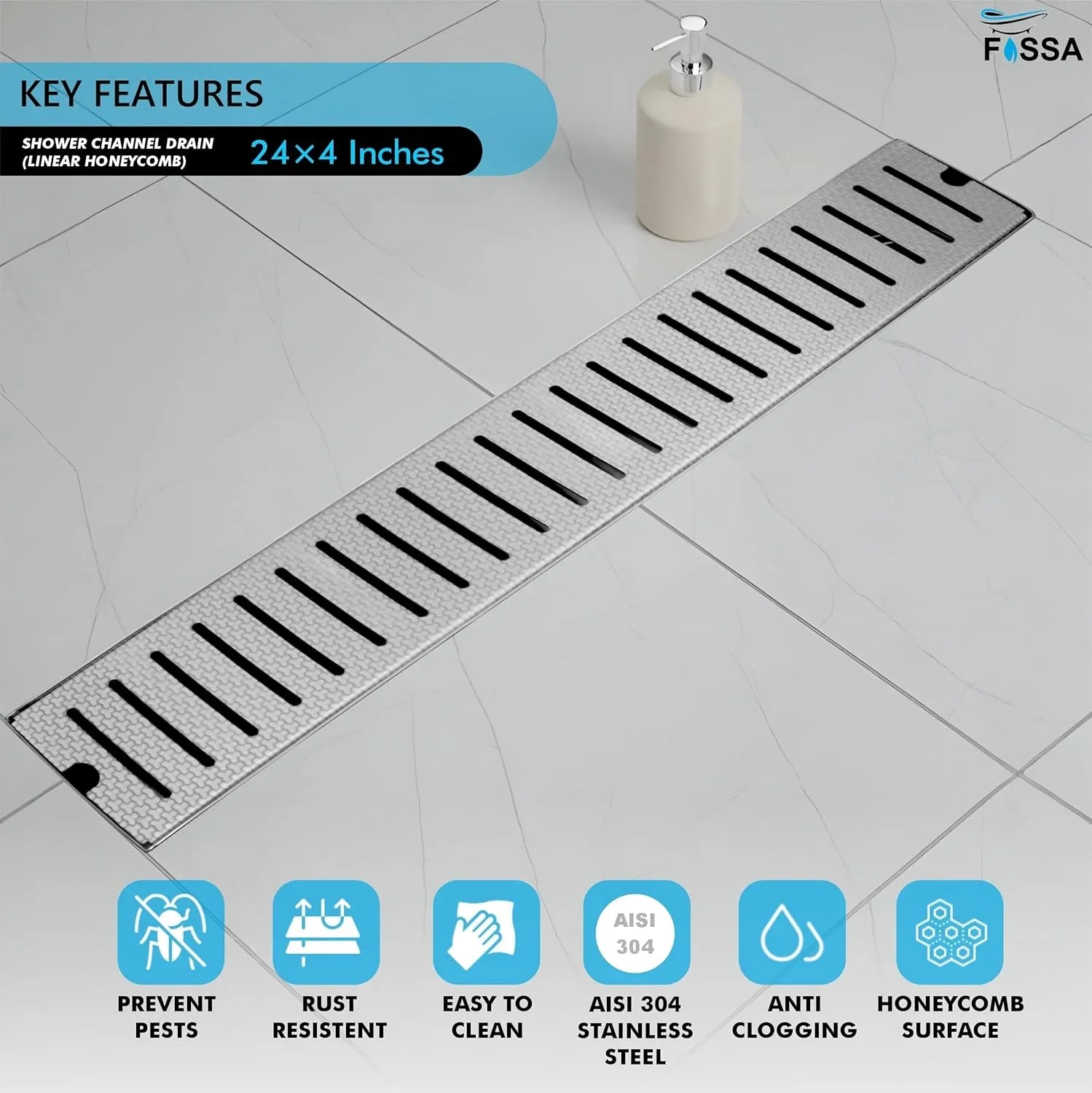 rectangular honeycomb shower drain channel 24x4 inch 304 stainless steel