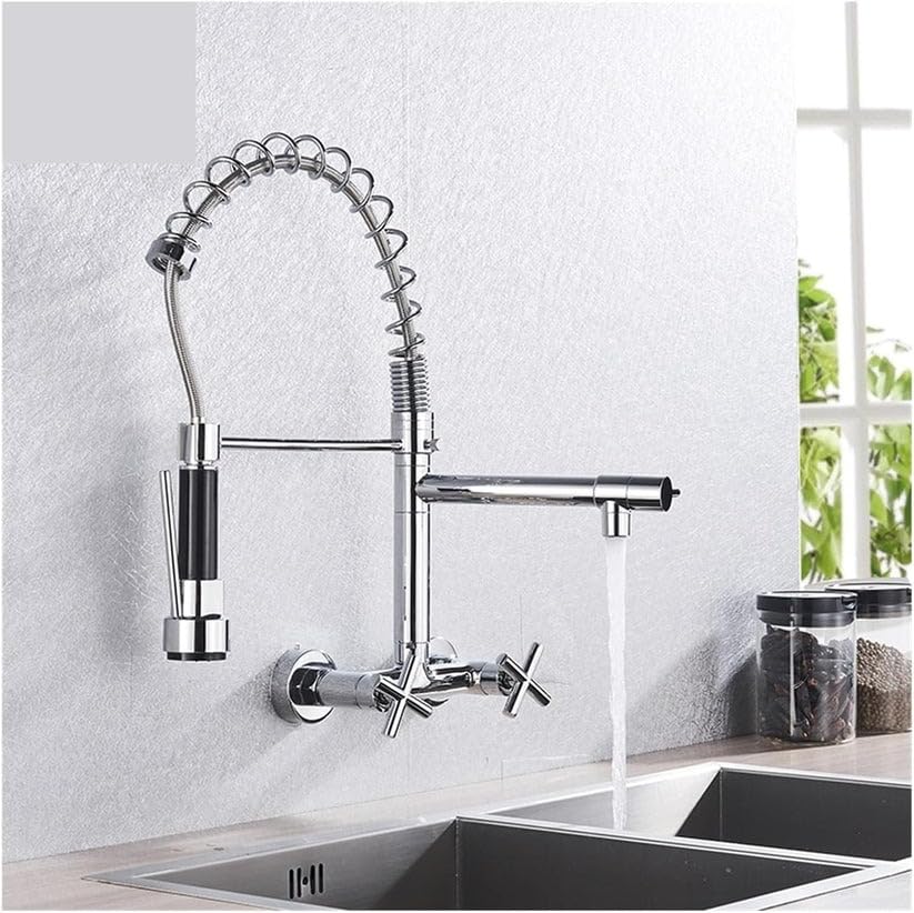 A modern wall-mounted kitchen faucet with a flexible gooseneck sprayer, side pull-down spout, and separate side spray head, shown installed above a sink with water running. The faucet has a polished chrome finish with black accents.