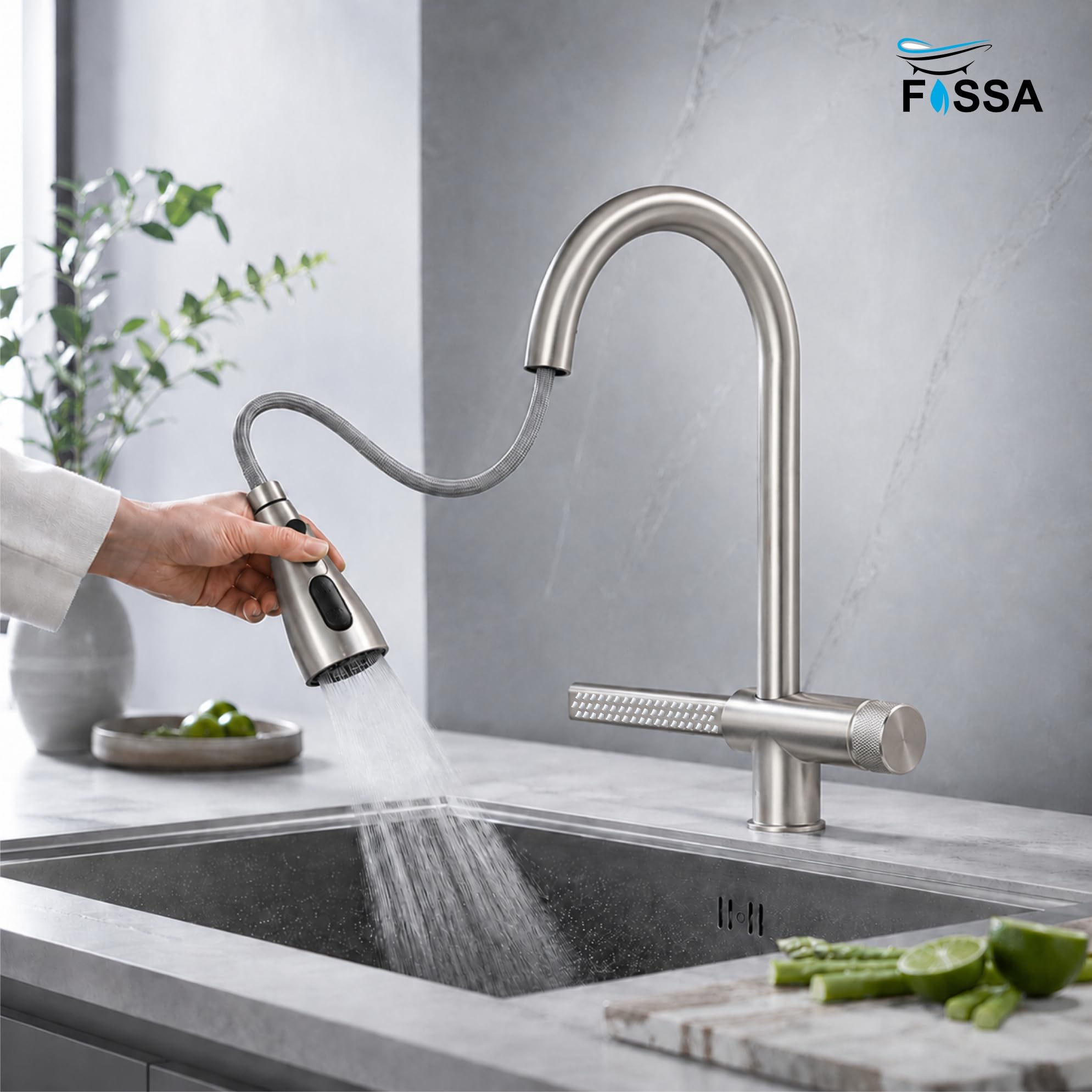 Ergo Waterfall Dual-Flow 360° Hot & Cold 304 Stainless Steel Kitchen Mixer Faucet Silver - Fossa Home 
