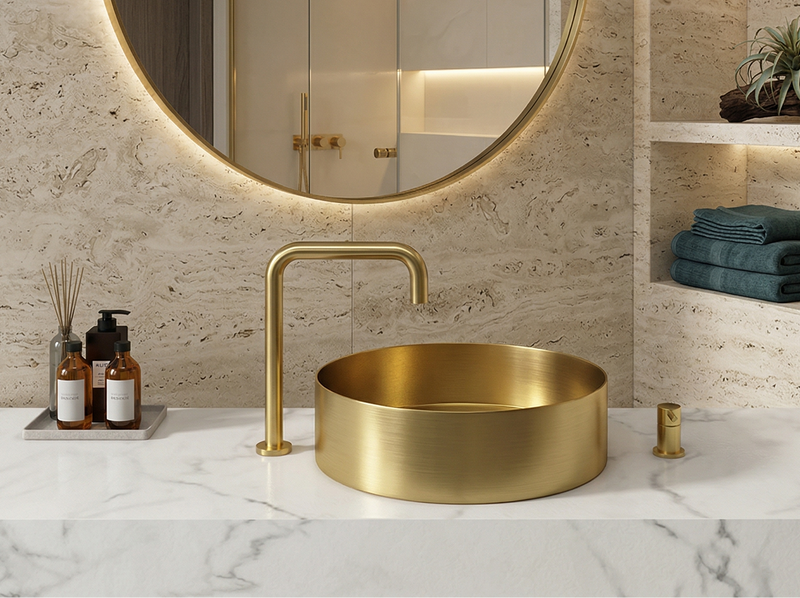 Modern bathroom with gold sink and faucet, round mirror, and marble countertop.