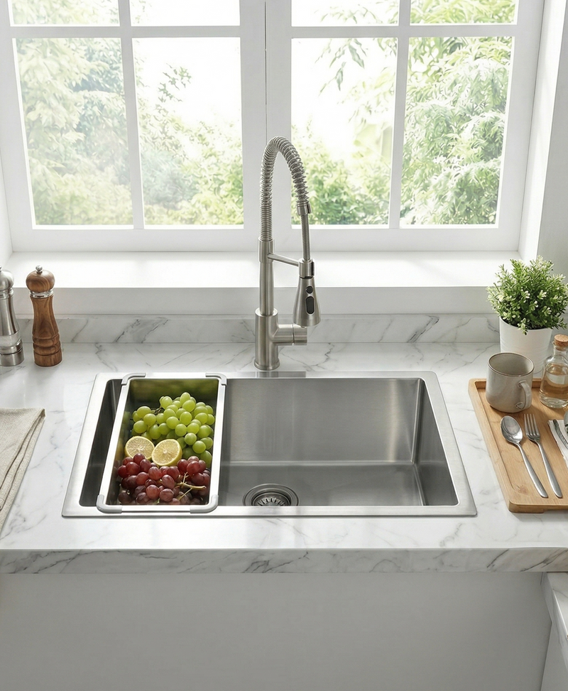 Modern kitchen with stainless steel sink and marble countertop