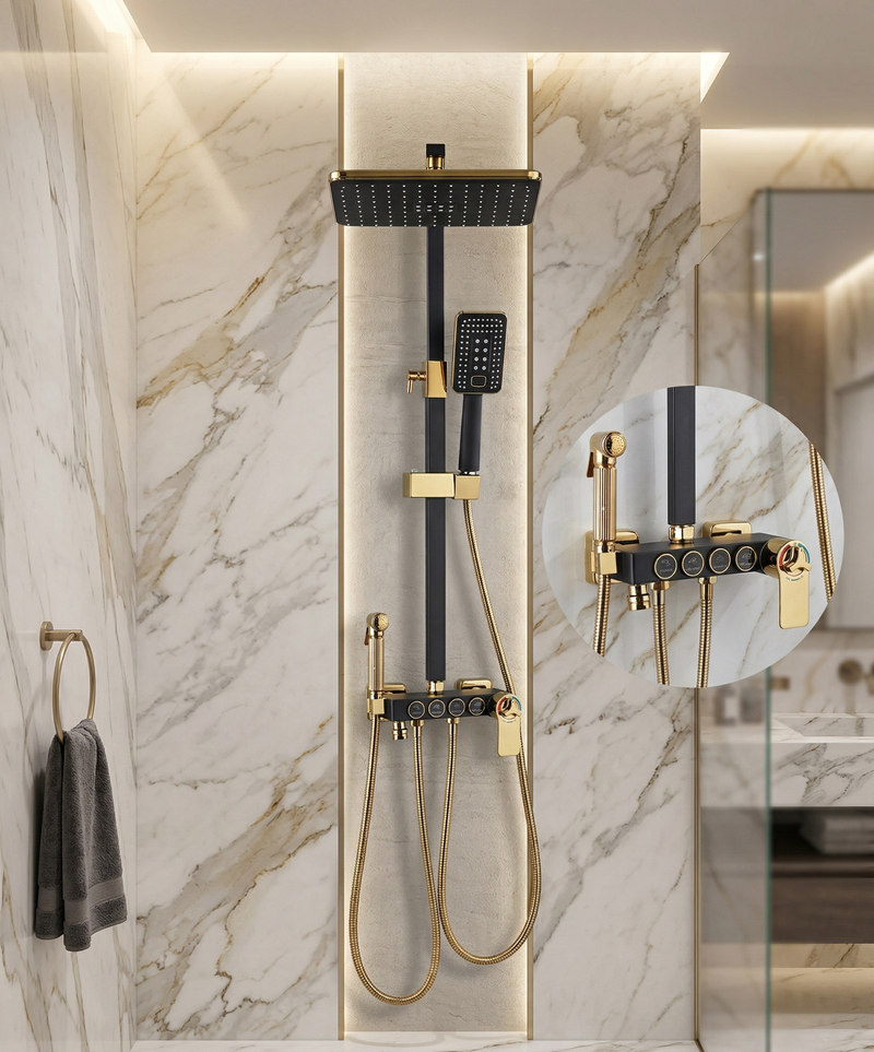 Modern shower system with gold fixtures on a marble wall