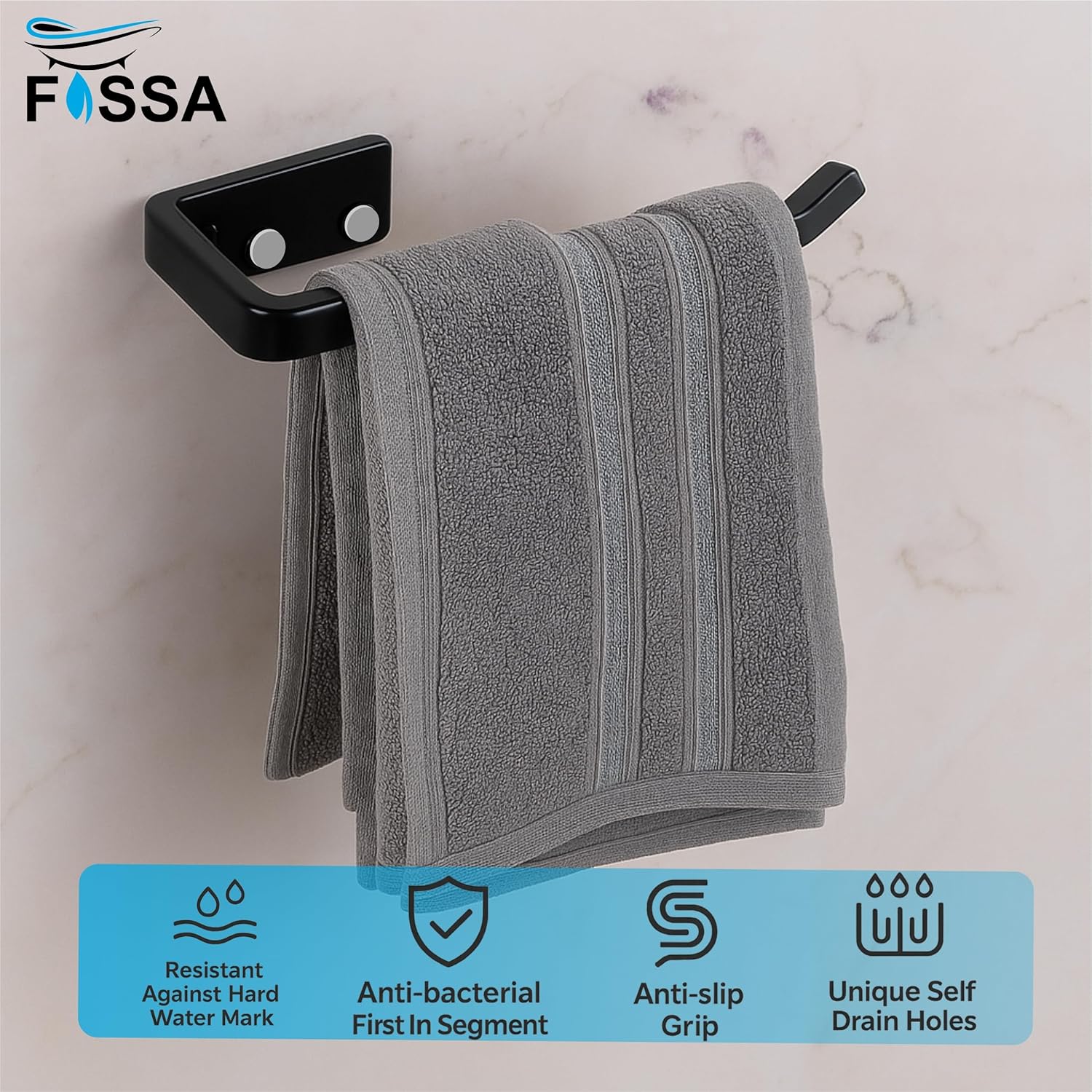 Fossa Classic Unbreakable Wall Mounted Ceramic Napkin Ring & Towel Holder for Bathroom & Kitchen – Space-Saving, Anti-Rust Towel Hanger | Stylish Bathroom Accessory – Black (Glossy Finish) - Fossa Home 