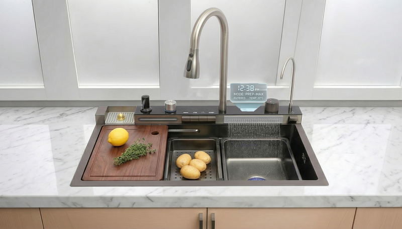 Modern kitchen sink with a cutting board, fruits, and vegetables on a marble countertop.