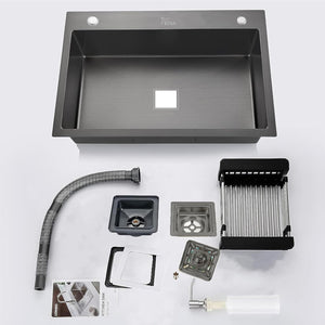 Premium Handmade (24 x 18 x 10) Inch  Single Bowl  Black with Side Tap Hole Stainless Steel Kitchen Sink - Fossa Home 