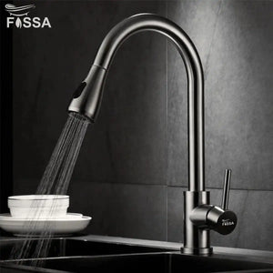 “Stainless steel pull-out kitchen mixer with ergonomic spray head”