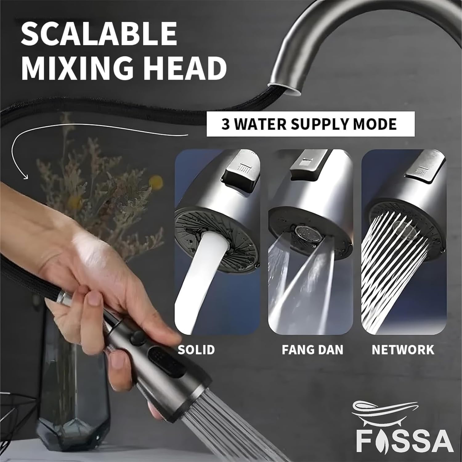Scalable mixing head waterfall pull out faucet 